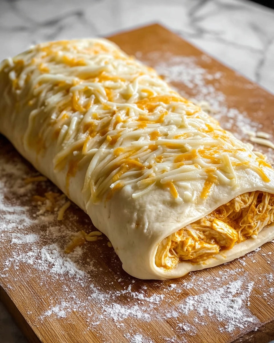 A rolled dough piece filled with orange shredded chicken layered evenly inside, topped with melted white cheese mixed with some orange sauce, creating a slightly glossy and soft texture on the outside. The dough is light beige and smooth, wrapping the filling tightly but not fully closed on one side, showing the filling inside. It is placed on a wooden board with light flour sprinkled around, and the background is a white marbled texture. Photo taken with an iphone --ar 4:5 --v 7