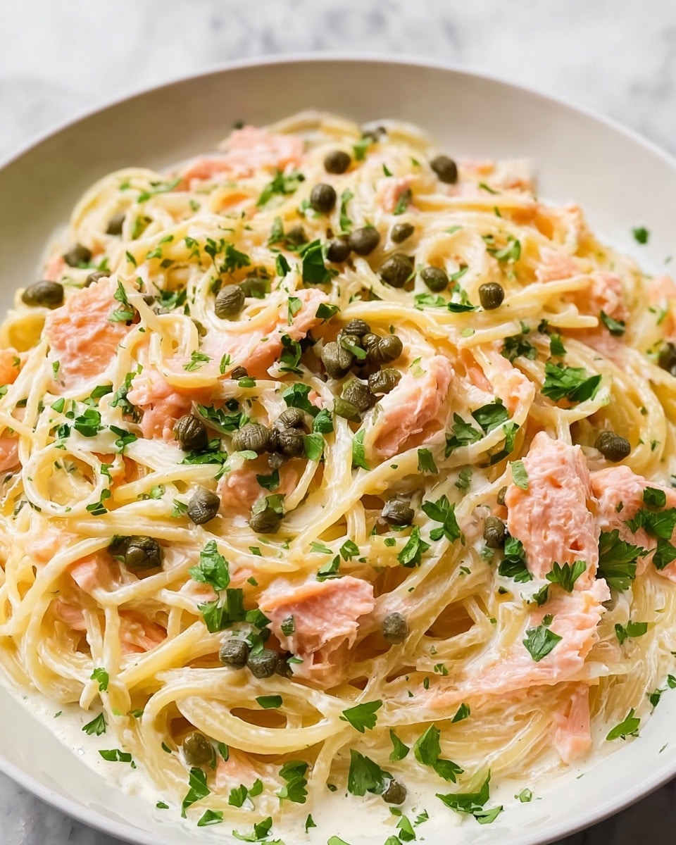 A close-up view of a white plate filled with creamy spaghetti pasta mixed with pink salmon pieces. The pasta strands are coated in a smooth white sauce that looks rich and creamy. Small green capers are scattered on top, adding texture and color contrast. Fresh green parsley leaves are sprinkled all over the dish, giving it a fresh touch. The plate sits on a white marbled surface. photo taken with an iphone --ar 4:5 --v 7