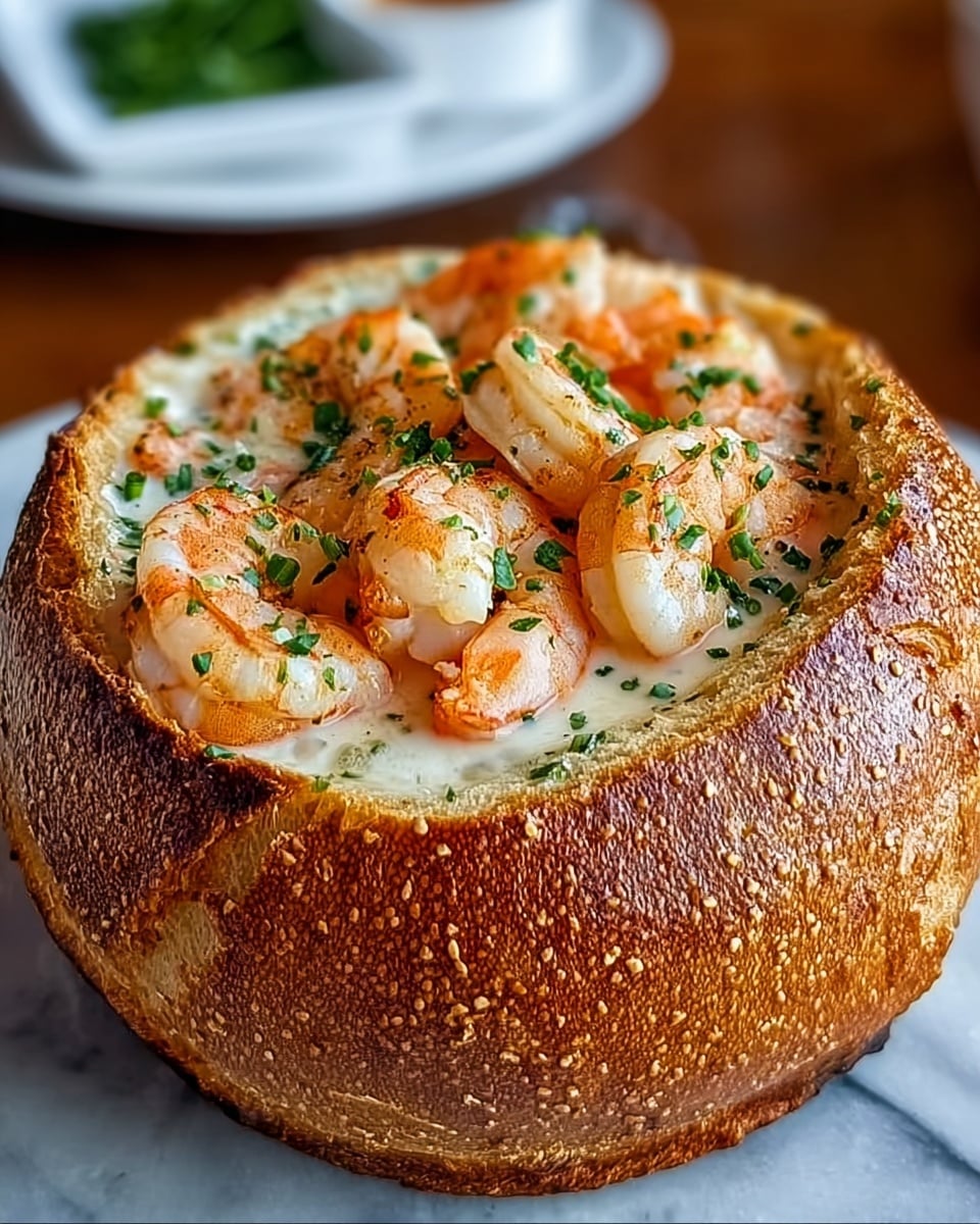 A round bread bowl with a golden brown crust and a rough texture is filled with creamy white soup. On top of the soup, there are many cooked shrimp with orange and white tones, placed closely together. Bright green chopped herbs are sprinkled on the shrimp and soup, adding color contrast. The bread bowl sits on a white marbled surface with a slightly blurred background showing a white bowl and some green leaves. The photo has a close-up view, highlighting the details of the bread crust and shrimp photo taken with an iphone --ar 4:5 --v 7
