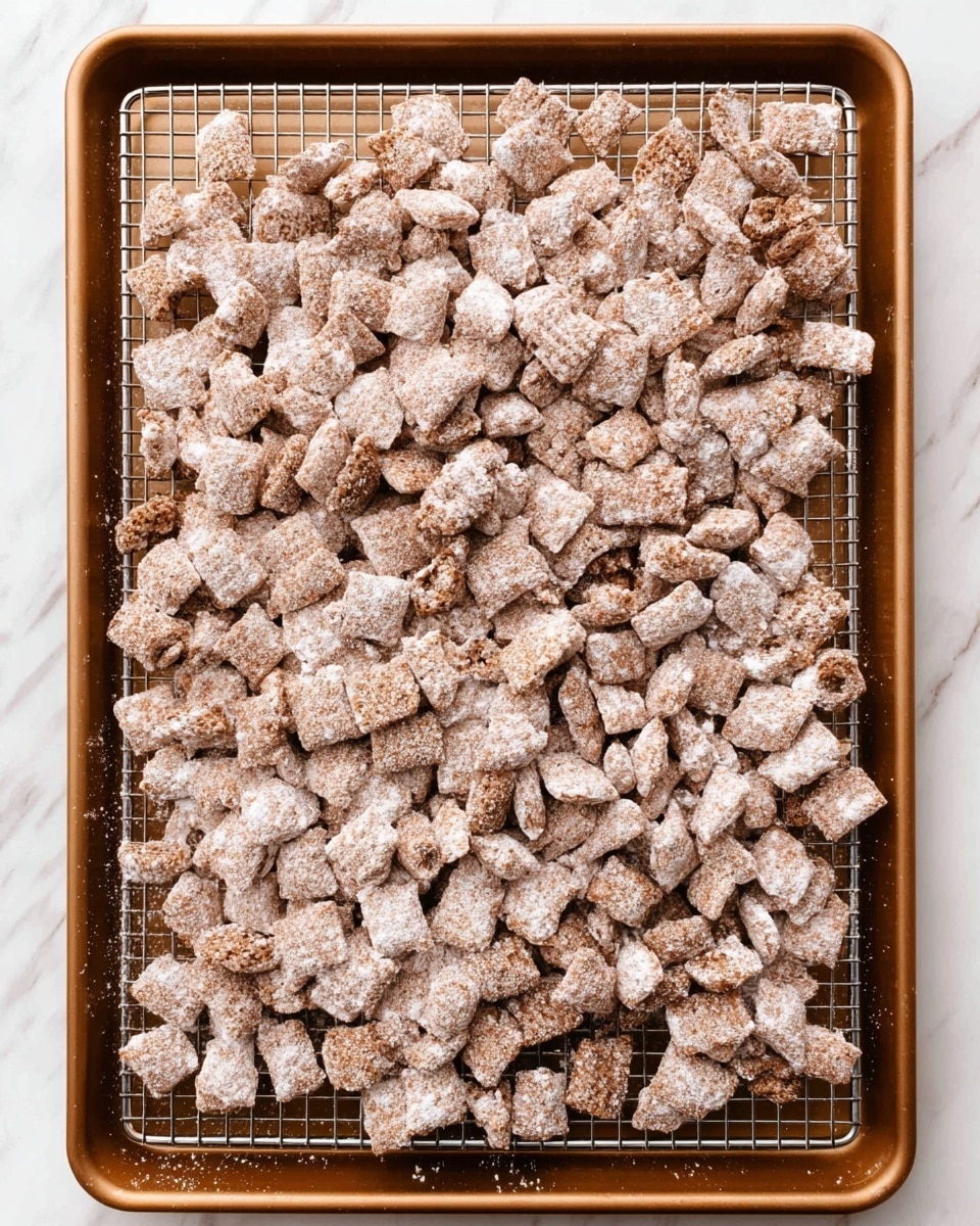A baking tray filled with many small, square pieces covered in light brown and white powder, spread evenly on a wire rack inside the tray. The baking tray is placed on a white marbled surface with a clean, simple look. The pieces look crunchy and bite-sized, showing some rough texture and uneven shapes among them, with a mix of both white and brown powder coating across the tray. photo taken with an iphone --ar 4:5 --v 7