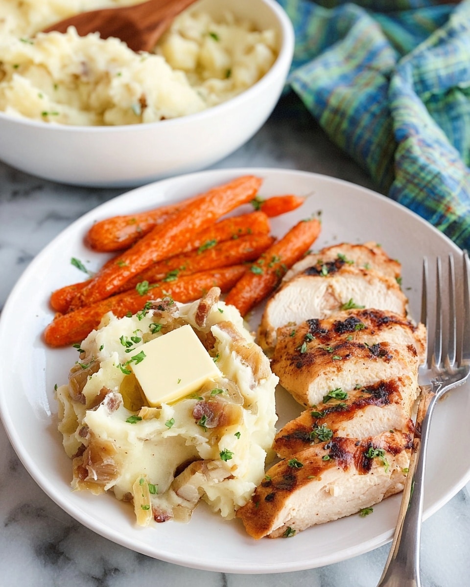 A white plate holds three food parts: on the right side, several slices of grilled chicken with golden brown grill marks and light brown edges; on the left side, a scoop of mashed potatoes mixed with small pieces of potato skin, topped with a small square of melting butter and some finely chopped green herbs; at the top left of the plate, a pile of roasted baby carrots with a shiny, slightly wrinkled orange skin. A silver fork rests on the plate's top right edge. The plate sits on a white marbled surface. In the background, there's a white bowl filled with mashed potatoes, with a wooden spoon resting inside, and underneath the bowl is a folded blue and green cloth napkin. photo taken with an iphone --ar 4:5 --v 7