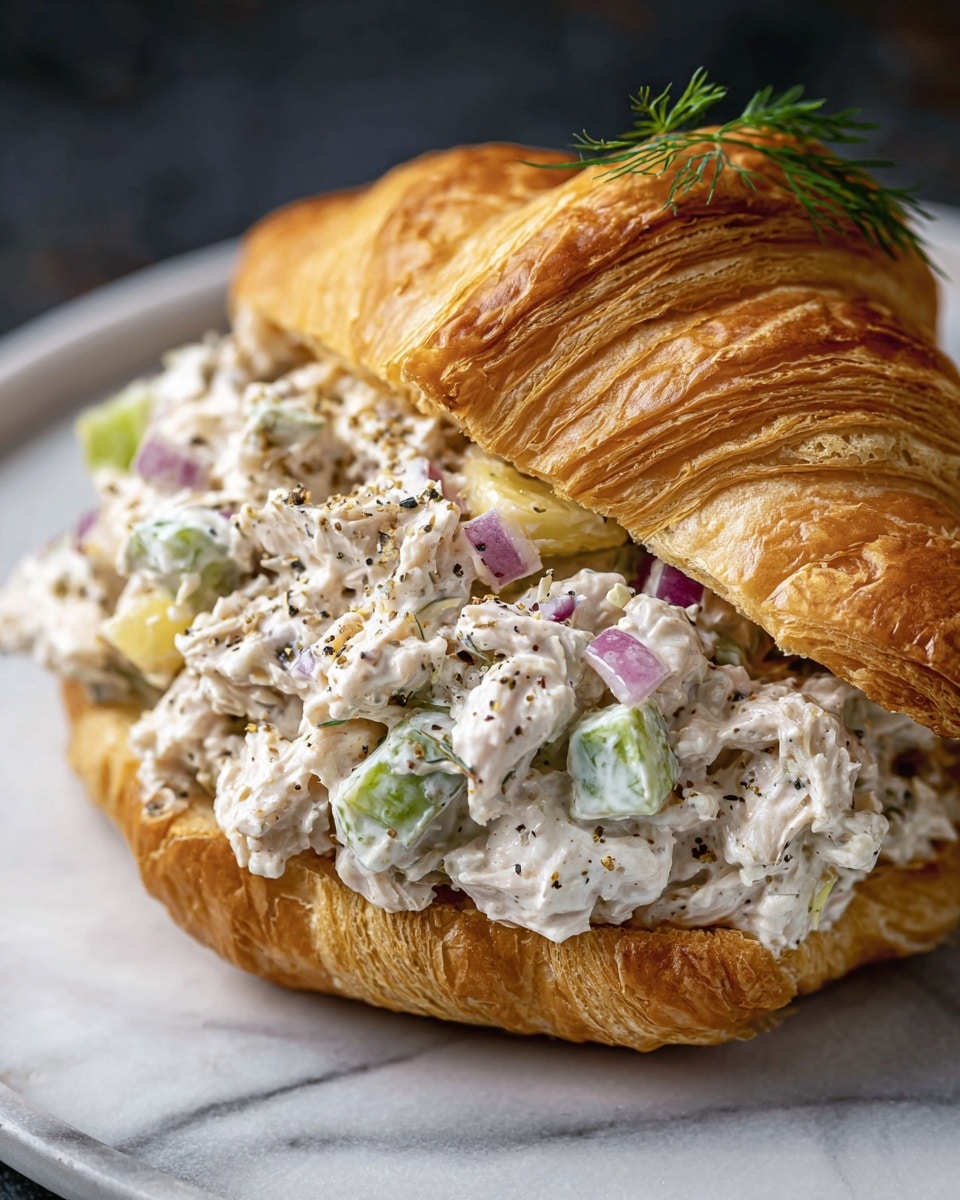 A flaky golden brown croissant is sliced open horizontally, revealing a thick layer of creamy chicken salad inside. The chicken salad is white with pieces of light green celery, small chunks of pale yellow pineapple, and diced purple onions mixed throughout. Black pepper specks are sprinkled on top of the salad, which is garnished with a small sprig of fresh green dill. The sandwich sits on a white plate over a white marbled surface. Photo taken with an iphone --ar 4:5 --v 7
