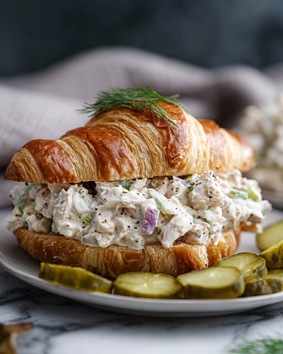 A flaky, golden brown croissant is sliced in half horizontally, filled thickly with a creamy chicken salad mixture that has visible chunks of white chicken, small pieces of light green celery, and bits of purple onion, all coated in a white dressing speckled with black pepper and garnished with a small sprig of fresh green dill on top. The croissant sandwich sits on a white plate with a few slices of green pickles on the side, placed on a white marbled surface with blurred light gray fabric in the background. Photo taken with an iphone --ar 4:5 --v 7