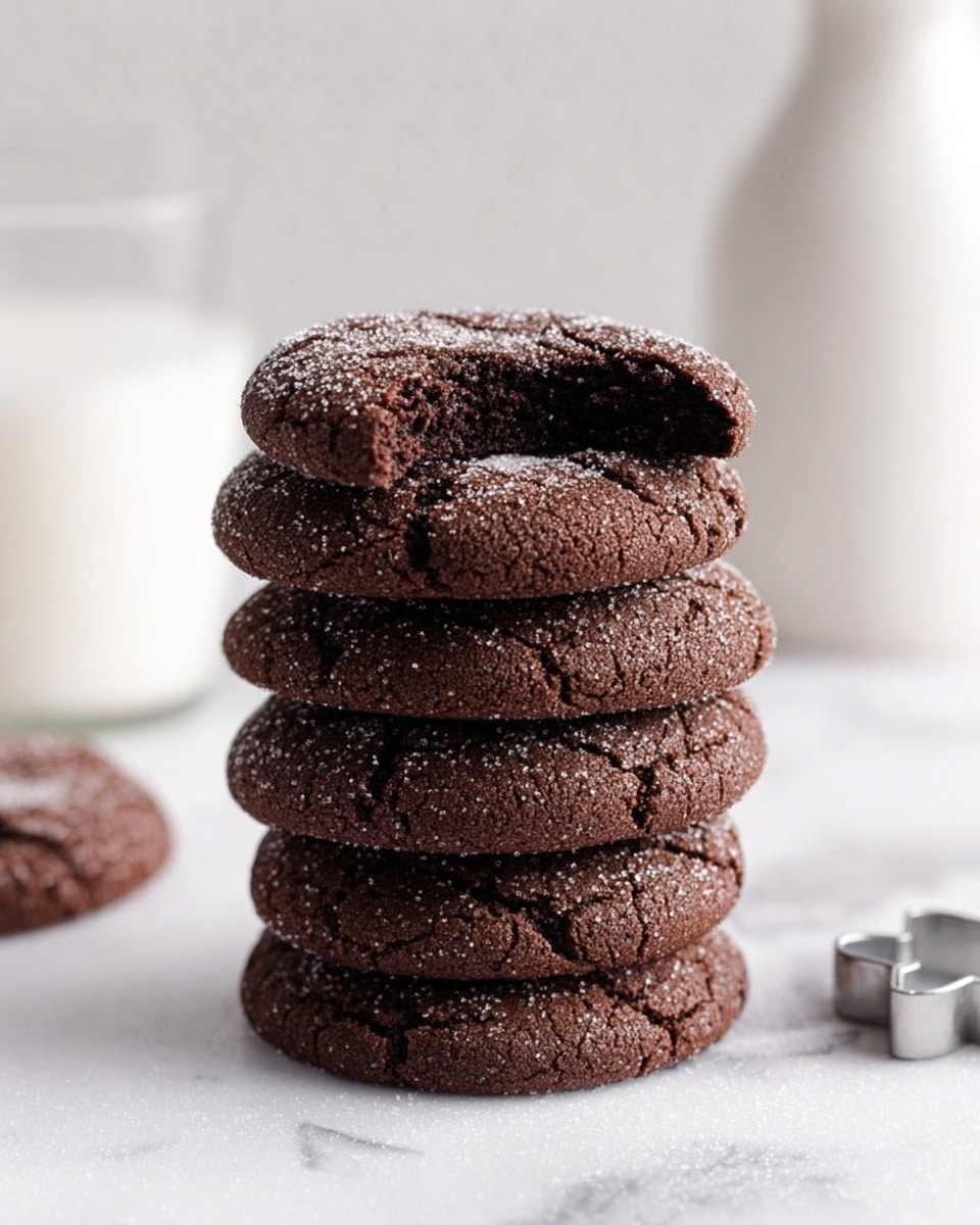 A stack of five dark brown chocolate cookies sits in the center, each with a slightly cracked surface and a light dusting of sugar giving a slight sparkle. The top cookie has a bite taken out of it, showing a soft, dense inside. The cookies are on a white marbled surface, with a clear glass of milk slightly blurred in the background on the left and a white ceramic bottle on the right side. A small cookie cutter is placed on the bottom right corner of the frame. The lighting is soft and natural, highlighting the texture of the cookies. photo taken with an iphone --ar 4:5 --v 7