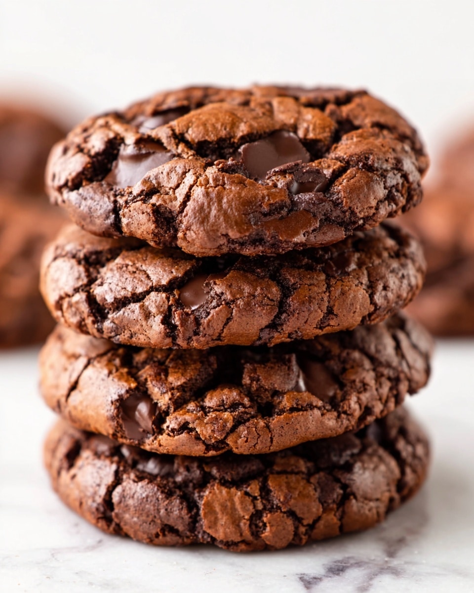 A stack of four thick chocolate cookies with a cracked surface and visible chocolate chunks scattered throughout each cookie. The cookies are closely stacked one on top of another, showing a rich, slightly shiny and textured top. The background features a white marbled texture, highlighting the dark brown and deep chocolate colors of the cookies. photo taken with an iphone --ar 4:5 --v 7