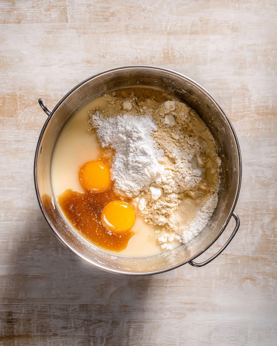 A clear metal mixing bowl with a handle is placed on a white marbled surface, filled with unblended baking ingredients. The bowl contains two whole raw eggs with bright orange yolks, white flour scattered in clumps, a light beige creamy liquid likely milk or batter base, white sugar piled on one side, and a small pool of brown liquid, possibly vanilla or syrup, all layered loosely together without mixing. The light shines softly from above, highlighting the different textures and colors in the bowl. photo taken with an iphone --ar 4:5 --v 7