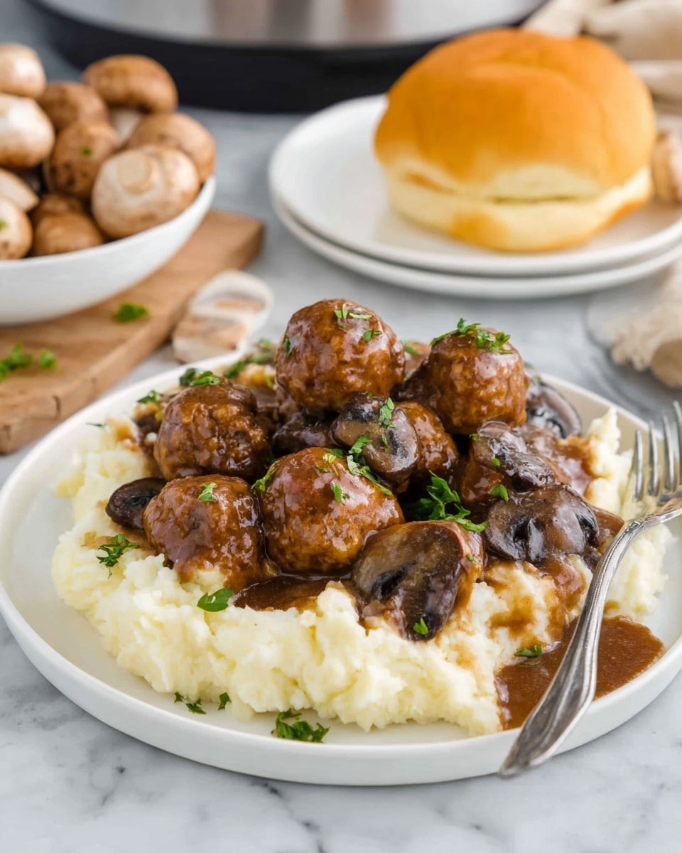 A white plate filled with a layer of soft, white mashed potatoes forms the base. On top of the mashed potatoes sits a pile of brown meatballs covered in dark brown gravy. Several dark brown mushroom slices with the same shiny gravy are mixed in among the meatballs. Small green herb leaves are sprinkled over the meatballs and mushrooms. A silver fork rests on the right side of the plate as it sits on a white marbled surface, with a brown bun on a white plate and a white bowl filled with whole mushrooms in the background. Photo taken with an iphone --ar 4:5 --v 7