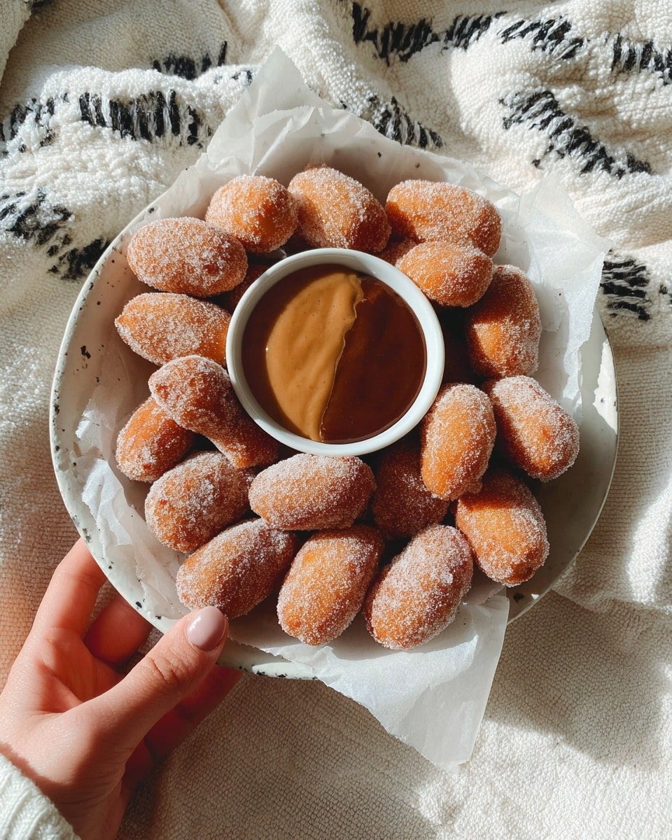 A white round plate with crinkled white paper inside holds about twenty small, oblong, golden-brown donut-like pieces covered in a light sugar dust. In the middle of the plate, there is a small white bowl filled with two types of dipping sauces, one light brown and the other darker brown, divided evenly in a yin-yang shape. A woman's hand is holding the plate from the bottom left side. The background features a soft, textured white fabric with black patterns, all set on a white marbled surface. photo taken with an iphone --ar 4:5 --v 7