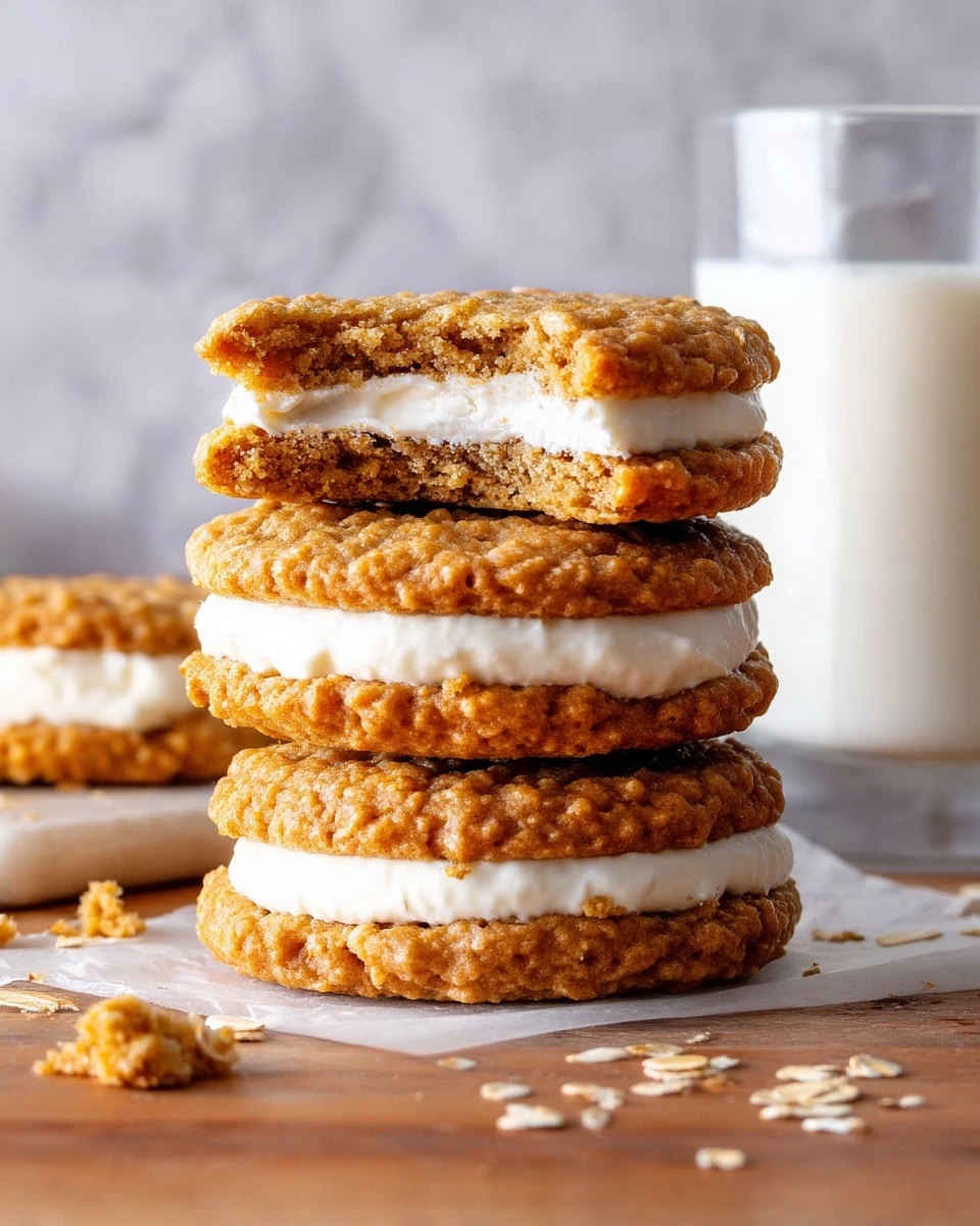 The image shows a stack of three oatmeal cream sandwiches on a wooden surface with a white marbled background. Each sandwich has two golden-brown oatmeal cookies with a bumpy texture. Between the cookie layers is a thick white creamy filling that looks smooth and soft. The top sandwich has a bite taken out of it, revealing the creamy filling inside. There are also a few oats and crumbs scattered near the sandwiches. Behind the stack, there is a clear glass filled with white milk that adds freshness to the scene. photo taken with an iphone --ar 4:5 --v 7