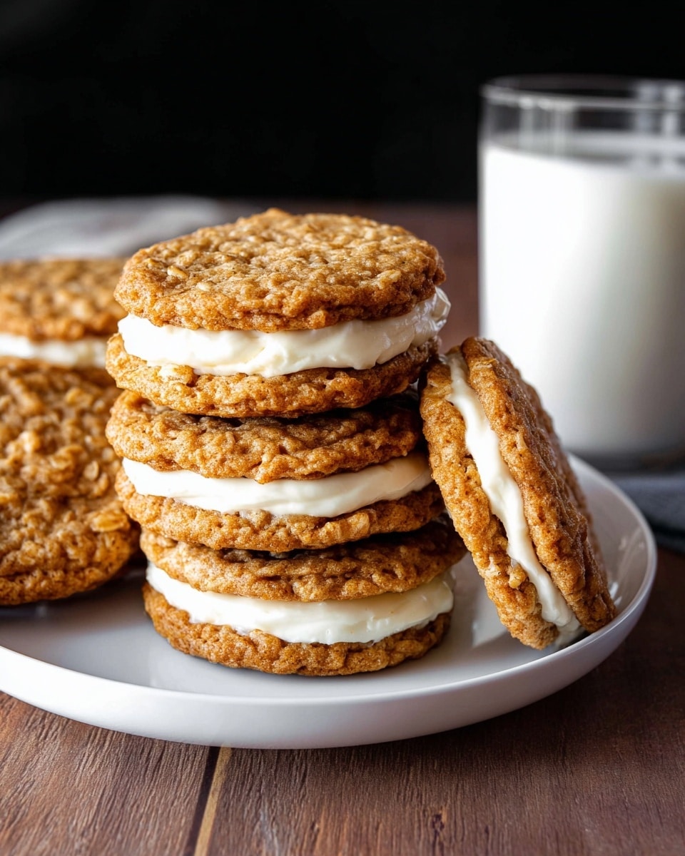 A white plate holds a stack of six sandwich cookies, each made of two round, golden-brown oatmeal cookie layers with a thick, creamy white filling in between. The cookies have a rough, textured surface showing bits of oats, and the creamy filling looks smooth and soft, evenly spread inside. The plate is placed on a wooden surface, and behind it, there is a clear glass of milk filled almost to the top. The background is dark, making the cookies and milk stand out clearly. photo taken with an iphone --ar 4:5 --v 7
