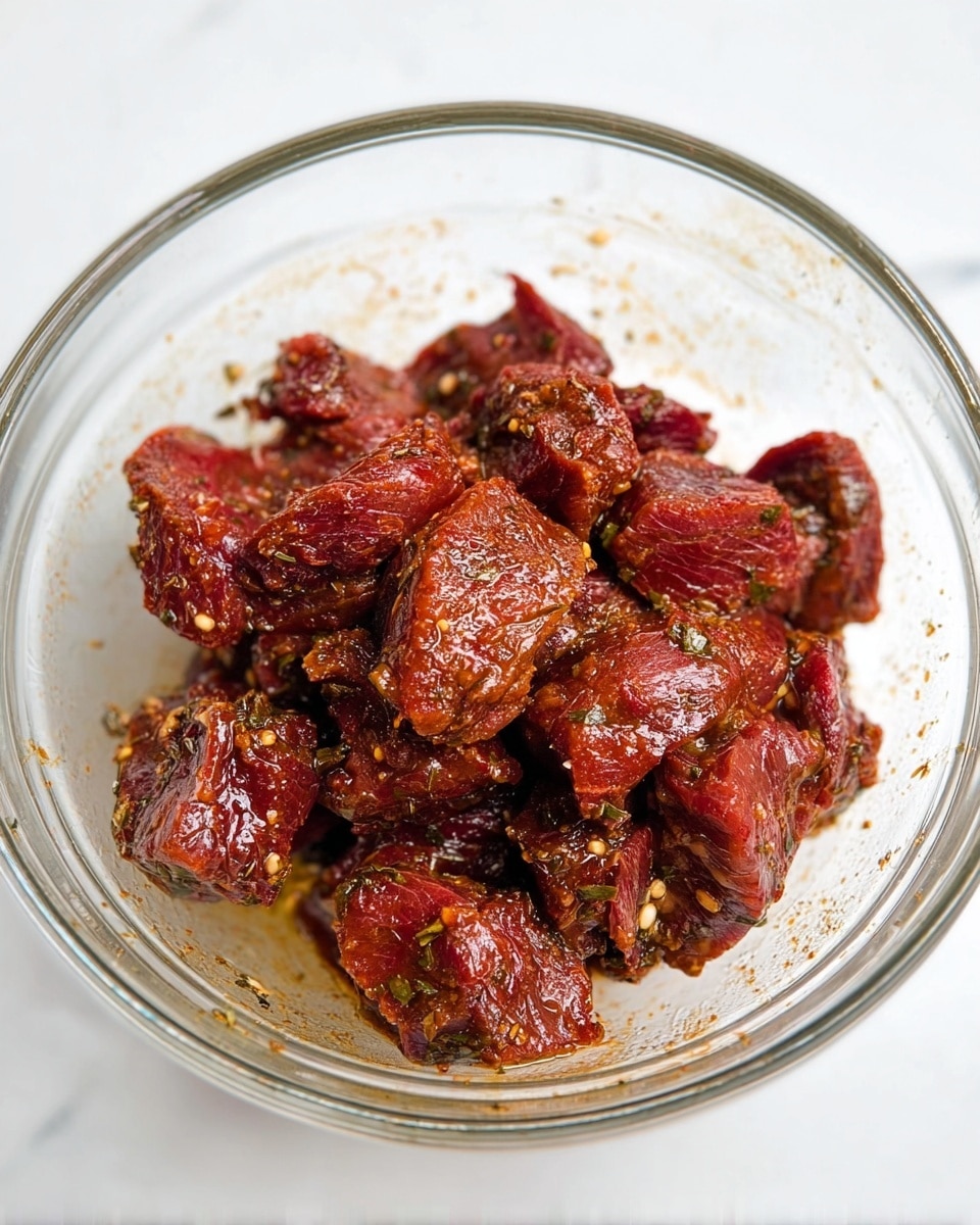 A transparent glass bowl sitting on a white marbled surface holds several pieces of dark red and brown marinated meat, each piece uneven in size and shape with a slightly shiny texture from the seasoning. The meat has a rich, deep color with visible herbs and spices scattered over it. Some parts have a rough, textured look, and the sides of the bowl show light smudges and specks of seasoning. Photo taken with an iphone --ar 4:5 --v 7