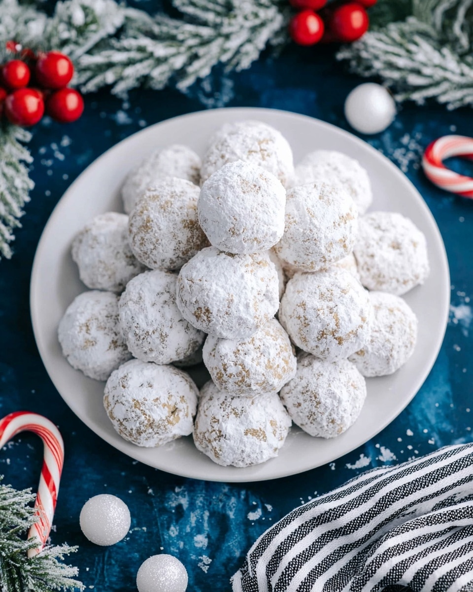 The image shows a white plate filled with about sixteen round cookies covered in white powdered sugar arranged in a small pile. The cookies have a slightly rough texture underneath the powdered sugar. The plate sits on a dark blue surface with a white marbled texture added in the background. Around the plate, there are festive decorations like frosty green pine branches, red and white candy canes, and white berries. A black and white striped cloth is placed to the bottom right near the plate. Photo taken with an iphone --ar 4:5 --v 7