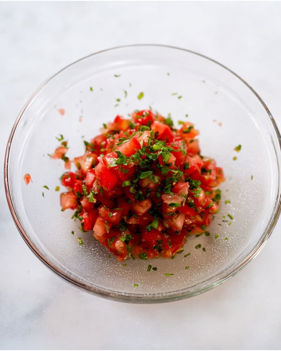 A clear glass bowl holds a small mound of finely chopped bright red tomatoes mixed with small pieces of fresh green herbs, evenly spread in the center of the bowl. Tiny bits of herbs and tomato are scattered lightly around the edges inside the bowl, creating a fresh, colorful contrast against the smooth glass. The bowl rests on a white marbled surface with soft, natural lighting that highlights the vibrant colors and textures. photo taken with an iphone --ar 4:5 --v 7