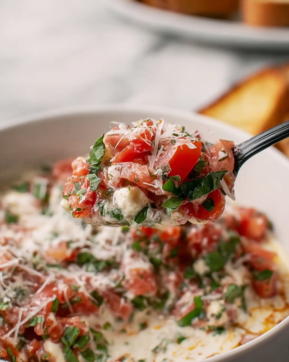 The image shows a close-up of a black spoon holding a mix of diced red tomatoes, green herbs, small white creamy pieces, and thin white cheese shreds. The spoon is lifted above a white bowl filled with the same mixture, which appears creamy with red, green, and white colors spread evenly. The background is a white marbled texture with a partial view of a white plate holding toasted bread slices on the right side. photo taken with an iphone --ar 4:5 --v 7