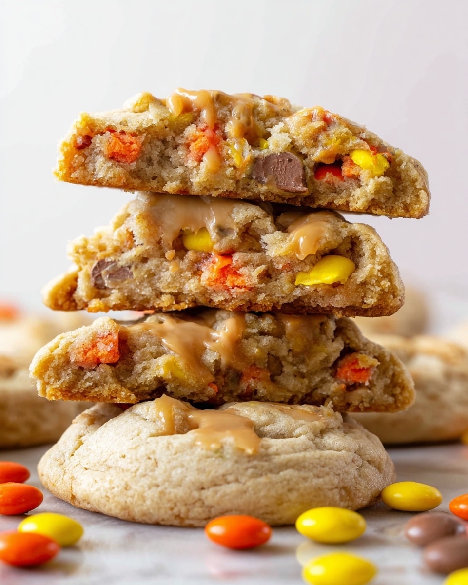 A stack of thick, soft cookies is shown on a white marbled surface. The bottom layer is a whole cookie with a light golden brown color and a chewy texture. On top, there are two halves of another cookie stacked, revealing a dense, moist inside filled with orange and yellow candy pieces. Some light caramel-colored drizzle is visible on top and inside the cookie halves, adding a glossy texture. Scattered around the stack are a few loose candy pieces in orange, yellow, and brown colors, providing a bright contrast. photo taken with an iphone --ar 4:5 --v 7