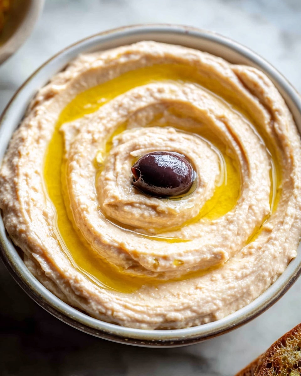 A close-up view of a shallow white bowl filled with creamy, light beige hummus that has small specks of red and a smooth, swirled texture. On top, there is a glossy dark olive placed in the center, and a thin drizzle of golden olive oil is spread around it, following the swirl pattern. In the blurred background, there are some small, red cherry tomatoes and pieces of dark brown bread. The bowl is held by a woman's hand, and all of this is placed on a white marbled surface. Photo taken with an iphone --ar 4:5 --v 7