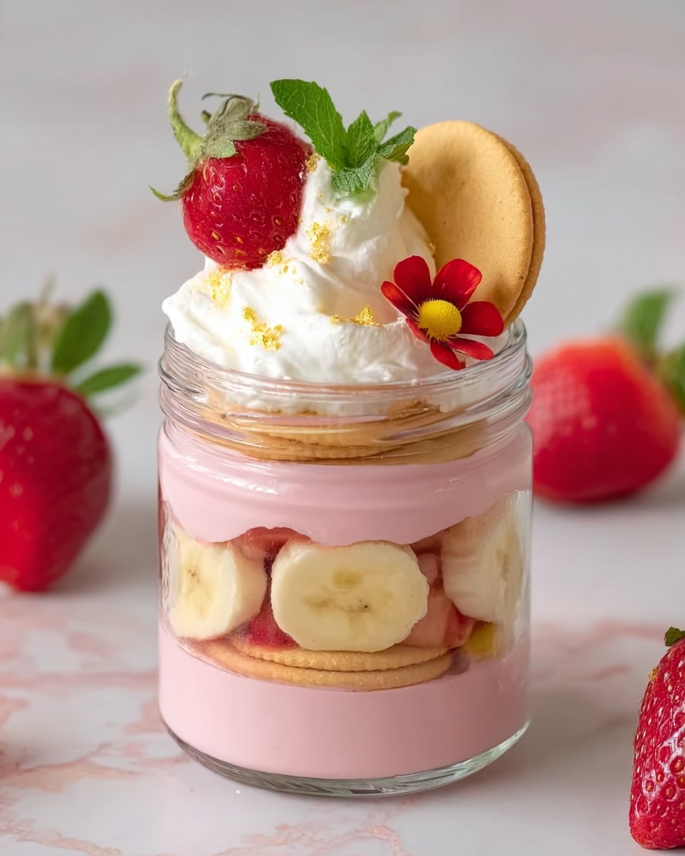 The dessert is in a clear small glass jar placed on a white marbled surface. It has four main layers: the bottom layer is a smooth pink creamy pudding, followed by a layer with sliced bananas, strawberries, and small round golden crackers. The third layer is again the same smooth pink pudding, topped with a second layer of sliced bananas, strawberries, and crackers. The jar is finished with a fluffy white whipped cream layer, garnished with a whole red strawberry, a banana slice, a whole golden cracker, a small green mint leaf, and a small red edible flower on top. Photo taken with an iphone --ar 4:5 --v 7