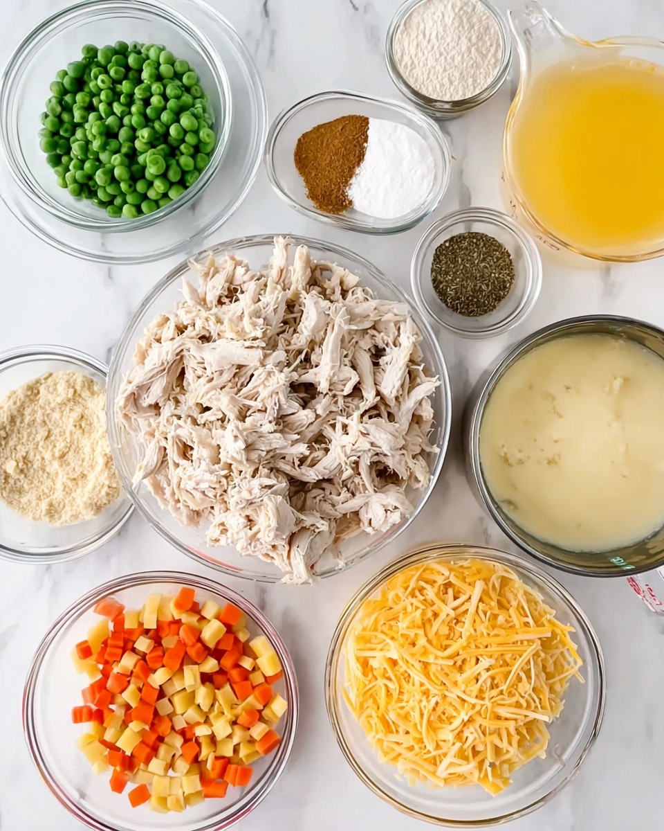 The image shows nine clear glass bowls arranged on a white marbled surface, each containing different cooking ingredients. The largest bowl in the center holds shredded cooked chicken that is light beige with slightly browned edges. Towards the bottom left, a bowl is filled with frozen green peas and small orange carrot cubes. To the right of the chicken, a bowl contains shredded yellow cheese with thin, fine strands. Above the cheese and peas are smaller bowls holding various dry spices in brown and black shades, white flour, and a bright yellow liquid that looks like melted butter. Two clear measuring cups contain a pale, yellowish liquid and milk. In the bottom right corner, an open can reveals a thick pale yellow sauce. The scene is bright and clean, with all bowls transparent, allowing the colors and textures of ingredients to be clearly seen. Photo taken with an iphone --ar 4:5 --v 7