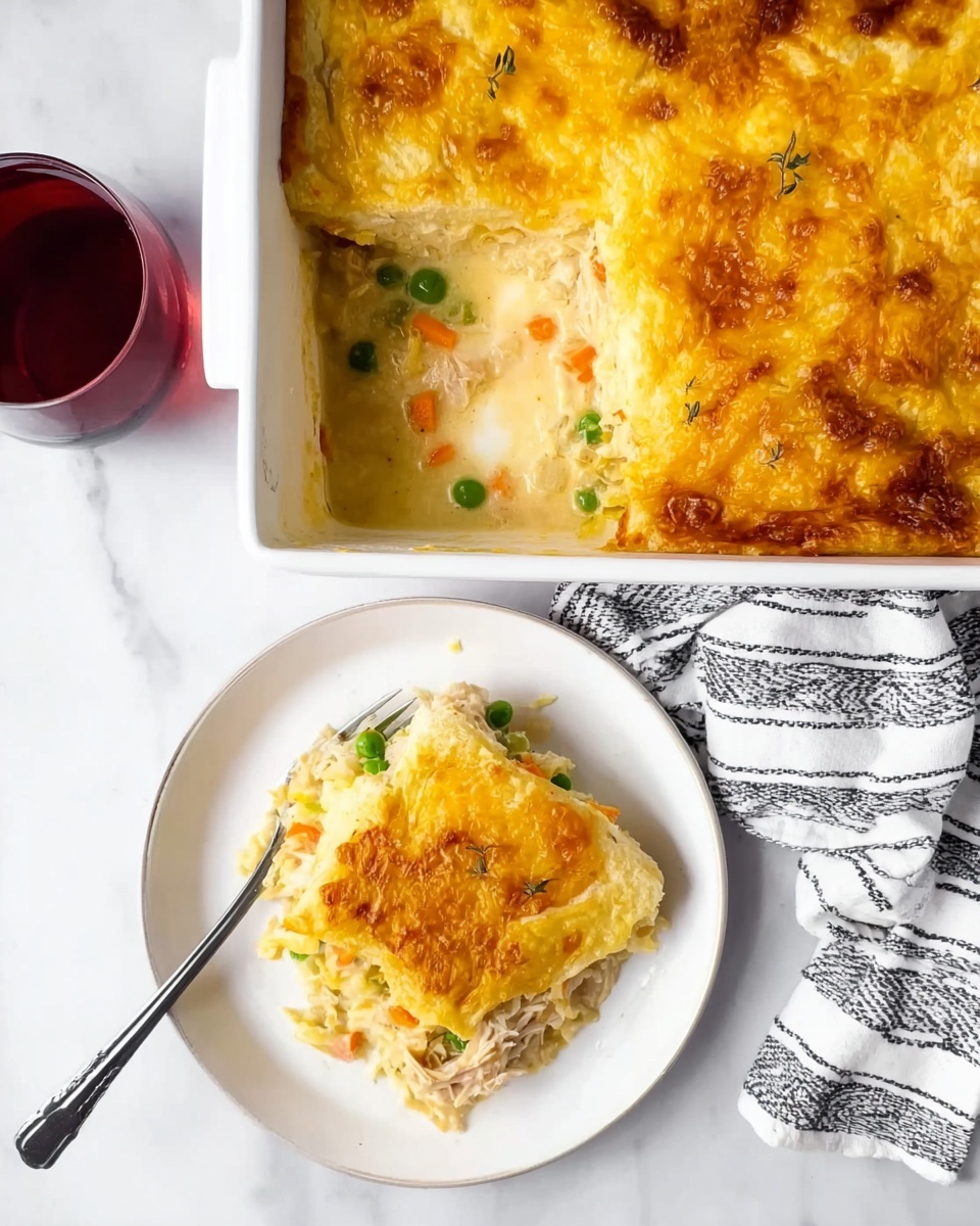 The image shows a baked dish with a golden brown crispy top layer that looks fluffy and slightly crunchy, covering a creamy layer underneath with visible bits of green peas and orange carrots. A white rectangular baking dish holds the main dish, while a portion is placed on a white round plate below it. The portion on the plate shows three layers: the top golden crust, a thick creamy middle layer with vegetables, and a softer bottom layer with shredded light-colored meat. The plate sits on a white marbled surface with a black and white striped cloth next to it and a glass filled with a red drink nearby. A silver fork rests on the surface to the left of the plate. photo taken with an iphone --ar 4:5 --v 7
