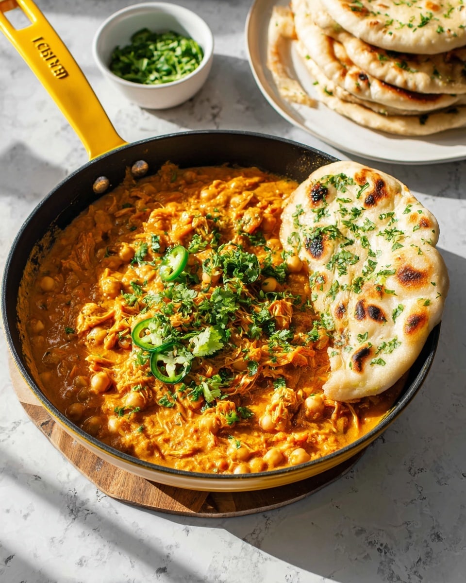 A dark green bowl sits on a white plate with fresh green herb leaves around it, all placed on a white marbled surface. Inside the bowl is a thick stew-like dish with multiple layers of orange and red sauce mixed with chickpeas and shredded vegetables, topped with chopped green herbs. Two pieces of flatbread, golden and lightly browned with green herbs on top, are partially dipped into the stew, resting on the edge of the bowl. On the side of the white plate, there are two lime wedges adding a fresh green color contrast. photo taken with an iphone --ar 4:5 --v 7