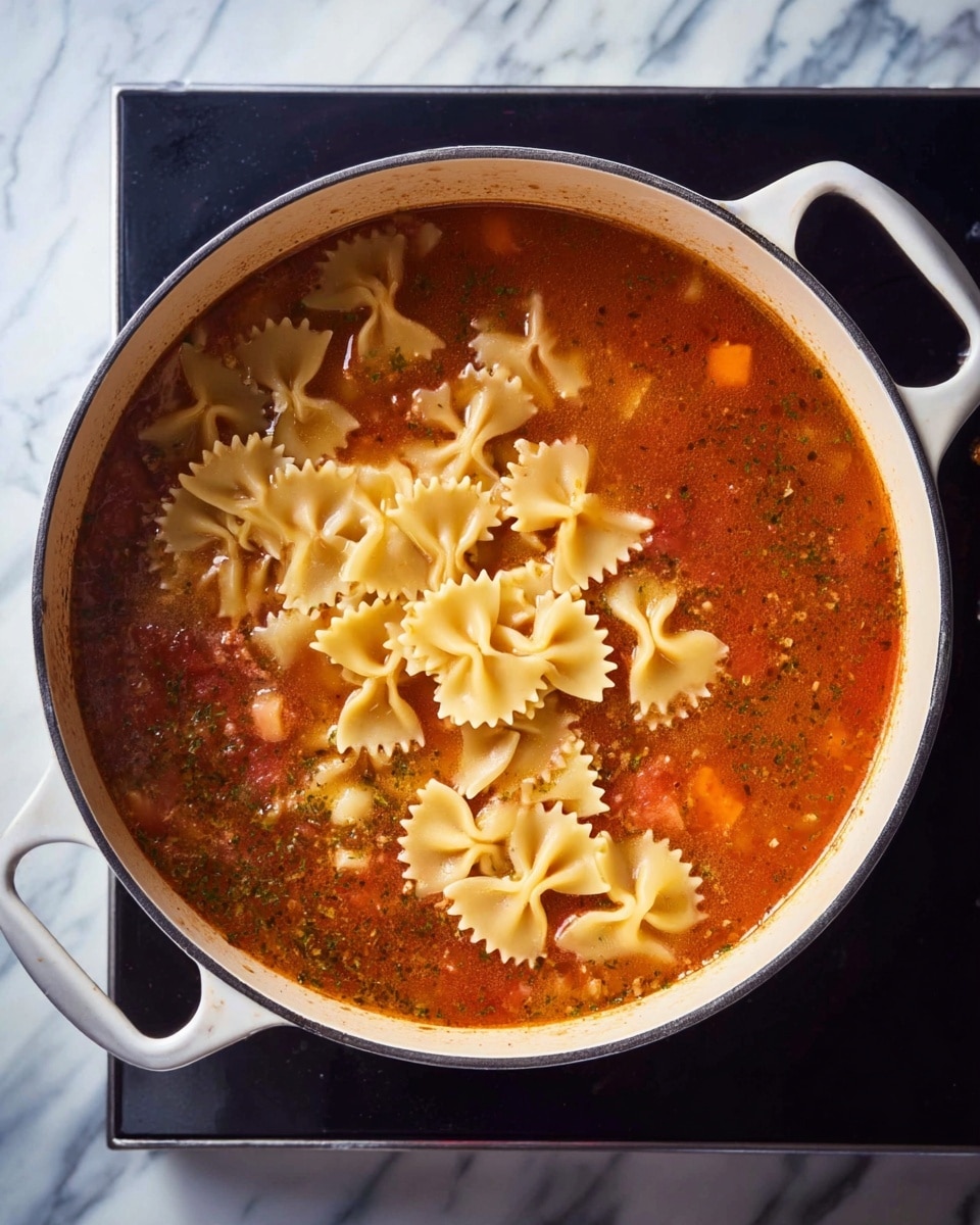 A white pot filled with tomato-based soup that has a rich red and orange color, with visible herbs and small chunks of vegetables throughout the broth. On one side of the pot, a cluster of uncooked farfalle pasta with a pale yellow color floats on top, contrasting with the darker soup below. The pot is resting on a black stove, and the background is a white marbled surface. The pot has two white handles on opposite sides. photo taken with an iphone --ar 4:5 --v 7