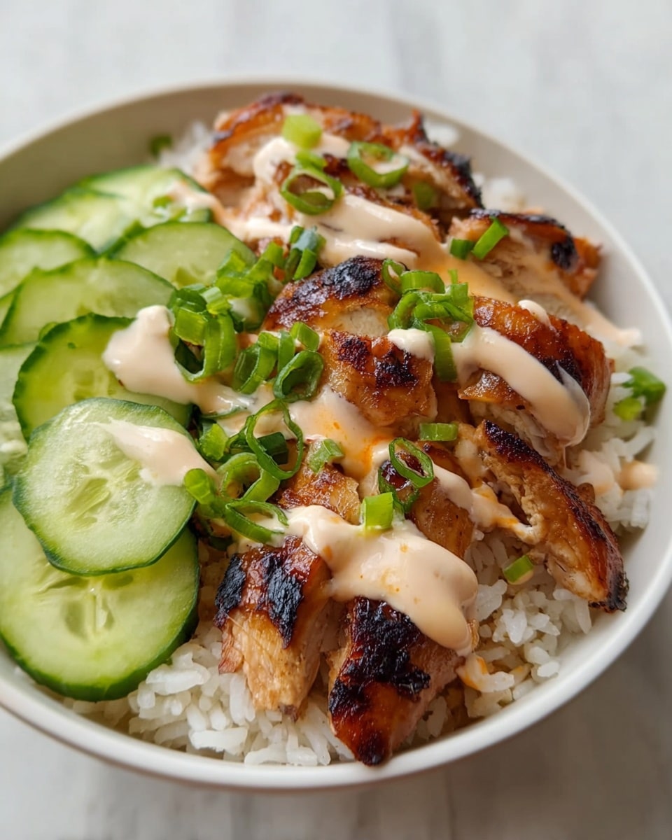 A white bowl filled with a base layer of white rice covering the bottom. On top of the rice, there are two grilled chicken pieces with a slightly charred, golden-brown color, drizzled with a light creamy sauce and garnished with small green onion slices. To one side of the chicken, there are thin slices of green cucumber, arranged neatly in a row. Next to the cucumber, there is a pile of bright orange, thinly shredded carrots that look fresh and crunchy. Adjacent to the carrots, vibrant purple shredded cabbage adds a strong color contrast. The bowl sits on a white marbled surface with a fork and spoon placed next to it. Photo taken with an iphone --ar 4:5 --v 7