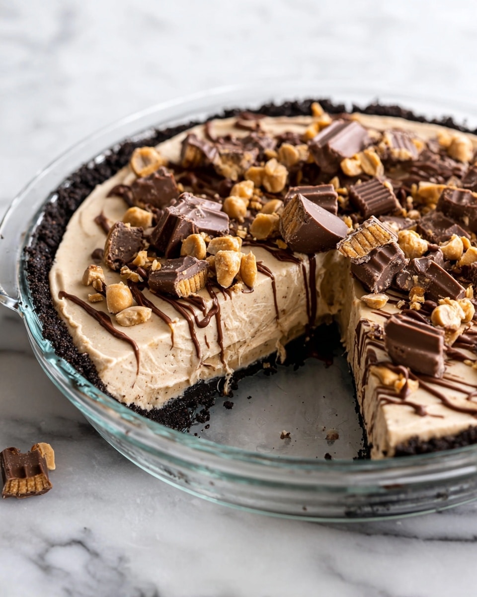 A pie in a clear glass dish on a white marbled surface with a dark crumb crust lining the edges. The first layer inside is smooth and creamy beige filling. On top, there are many chunks of chocolate peanut cups, small tan chocolate drops, and drizzles of light brown sauce with dark chocolate lines. A large slice is removed showing the layers clearly. Photo taken with an iphone --ar 4:5 --v 7