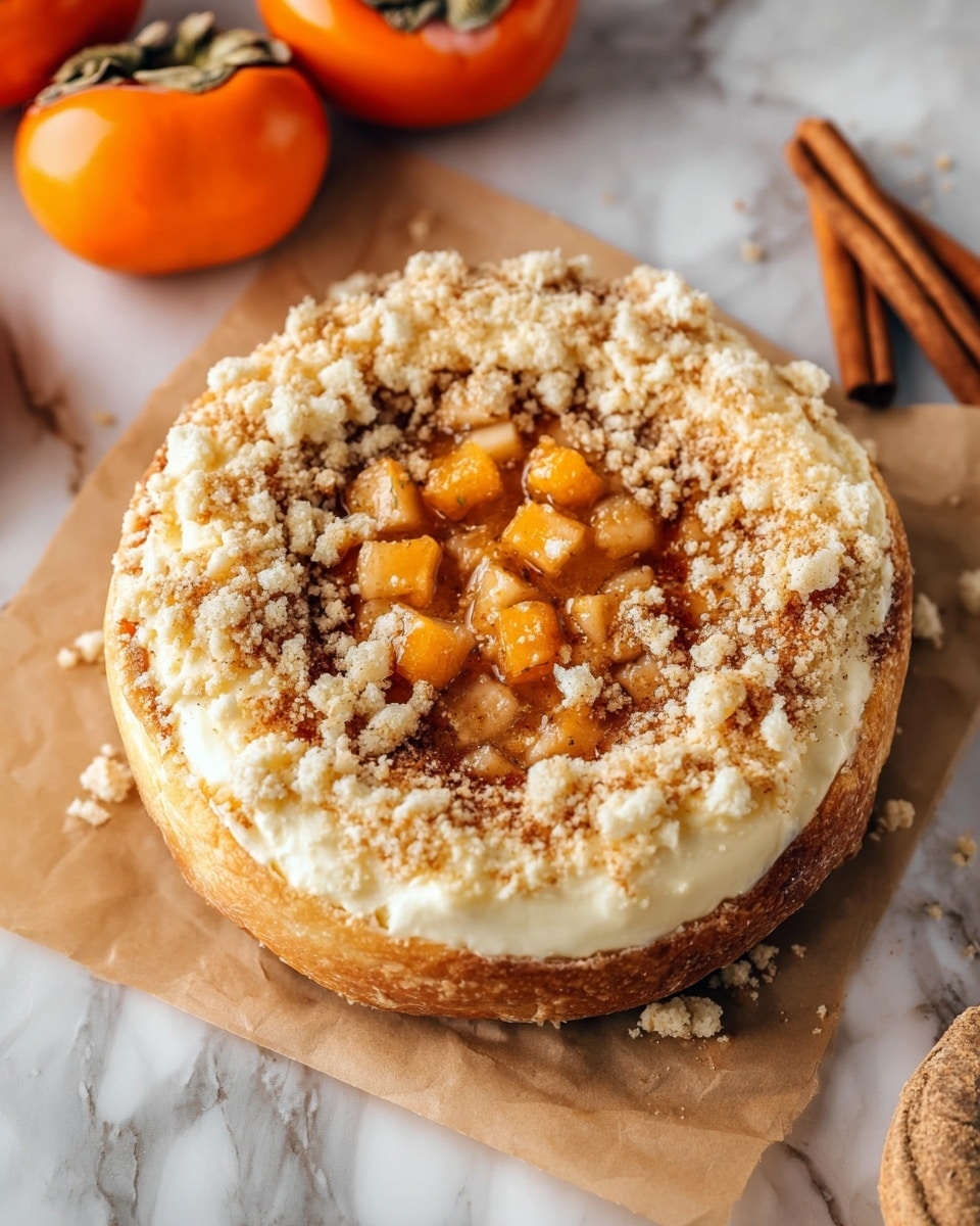 A round pastry with a golden-brown crust on the bottom, topped with a thick layer of creamy white cheese filling, scattered with small, soft, orange cubes of fruit in the center, and covered with a crumbly light beige streusel topping around the edges and on top. The pastry rests on a piece of brown parchment paper, set on a white marbled surface, with two orange persimmons and cinnamon sticks placed nearby, adding warm autumn colors to the scene. Photo taken with an iphone --ar 4:5 --v 7