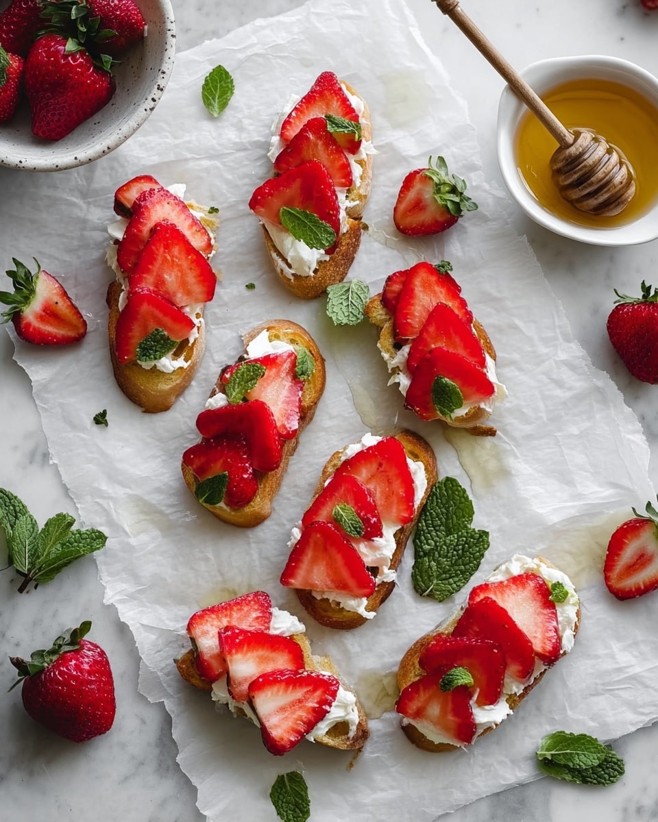 The image shows multiple small white baguette slices topped with a thick layer of white creamy cheese. On top of the cheese, there are several bright red strawberry slices arranged neatly, some garnished with small pieces of green mint leaves. The baguette has a golden-brown crust and a soft inner texture visible on the sides. The background is a white marbled surface, and there are also some whole strawberries and green mint leaves scattered around for decoration. photo taken with an iphone --ar 4:5 --v 7