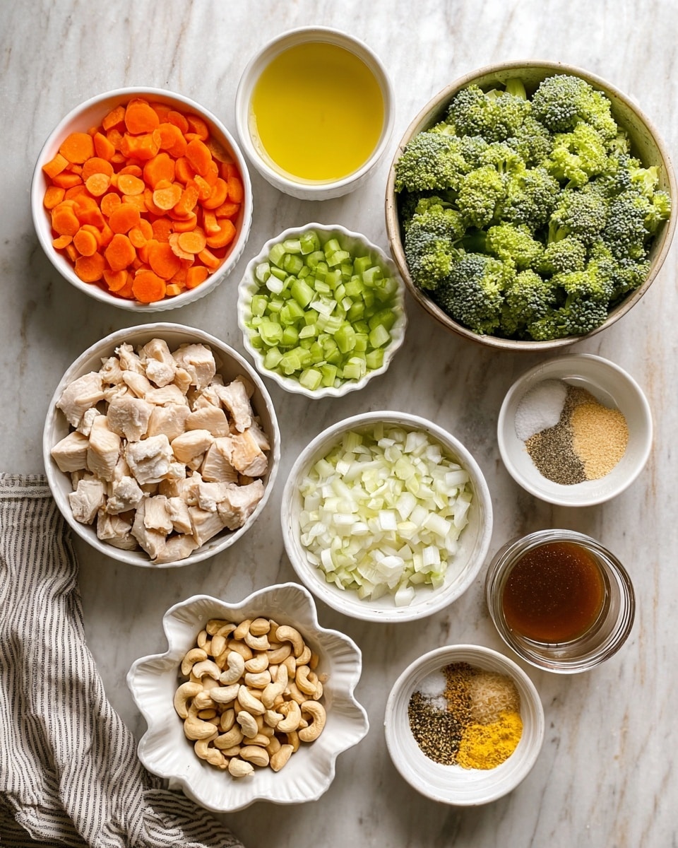 The image shows eight white bowls and a jar arranged on a white marbled surface. Starting from the top left, the first bowl contains bright orange chopped carrots and green celery pieces, split in half. To its right, a small bowl holds pale yellow oil. Next to it, a large bowl is full of fresh green broccoli florets with different shades of green. Below, a medium bowl is filled with diced light beige cooked chicken pieces. To the left, a smaller bowl contains whole light brown cashew nuts. Below the chicken, a bowl has finely chopped white onions. Near the bottom center, a scalloped bowl holds a mix of yellow and green spices, along with black pepper and salt. To the right, a small bowl has finely minced garlic, pale yellow in color. A jar with brown liquid sits at the bottom right. A striped cloth is partially visible at the bottom left. Photo taken with an iphone --ar 4:5 --v 7