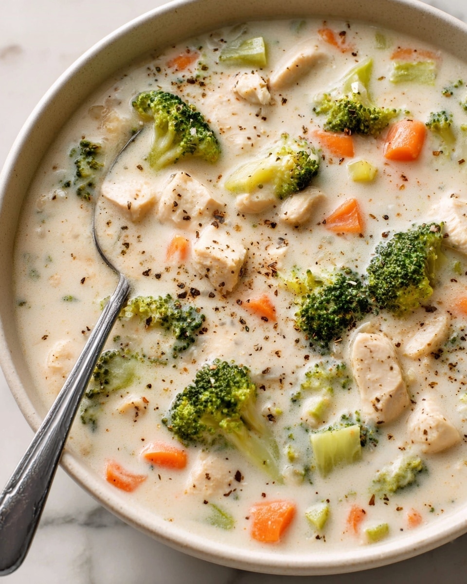 The image shows a close-up of a creamy soup served in a white shallow bowl. The soup has a thick white base with chunks of tender white chicken, bright green broccoli florets, small orange carrot pieces, and pale green celery bits evenly spread throughout the soup. Black pepper is sprinkled lightly on top, adding texture. A silver spoon lies inside the bowl, resting on the right side, partially submerged in the soup. The bowl sits on a white marbled surface. photo taken with an iphone --ar 4:5 --v 7