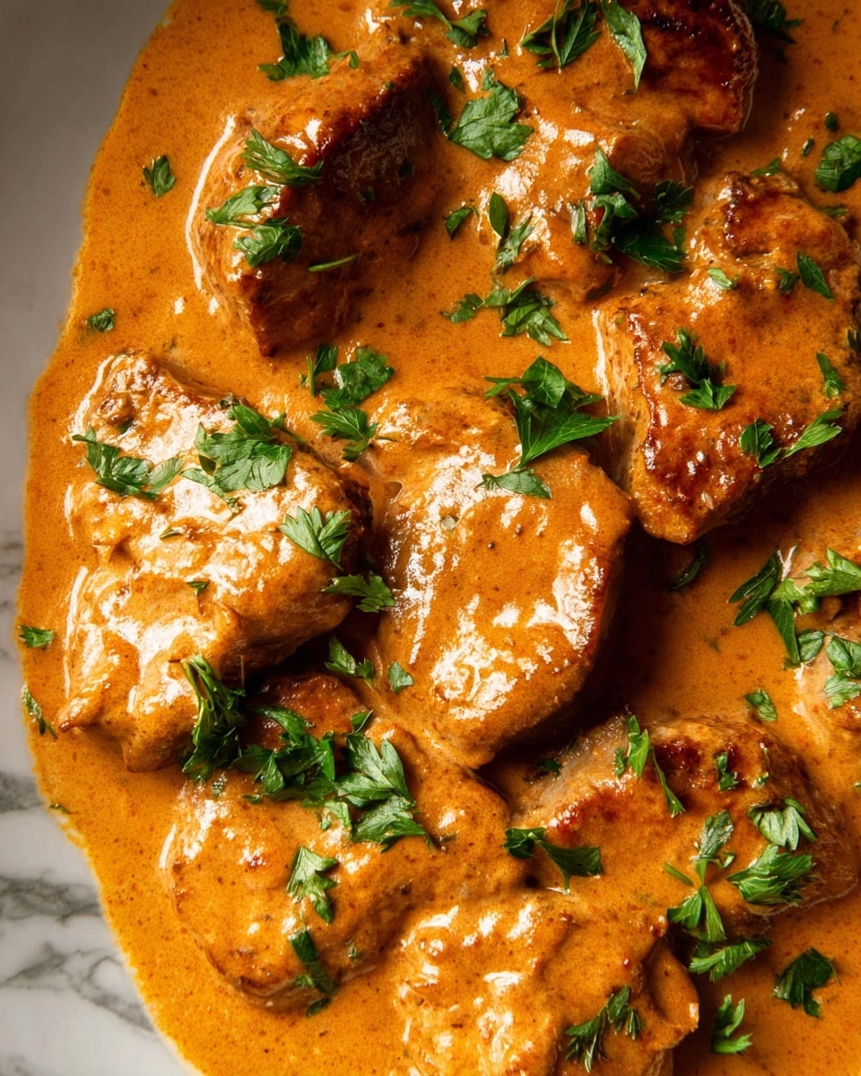 The image shows a dish with several thick, golden-brown pieces of meat covered in a rich, creamy orange sauce. The sauce is smooth and has a slightly glossy texture, pooling around and between the meat pieces. Bright green fresh parsley leaves are scattered on top, adding a fresh contrast in color. The dish sits on a white marbled surface. photo taken with an iphone --ar 4:5 --v 7
