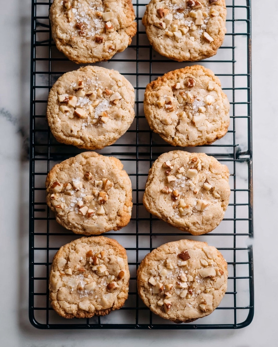 Eight square-shaped cookies with rounded edges are placed on a black cooling rack. Each cookie is light golden brown, studded with chopped nuts distributed evenly across their surfaces, giving a slightly textured look. Some granules of coarse sugar are visible on top of the cookies, adding a crystal-like shimmer. The black cooling rack with cookies rests on a white marbled surface, which adds a clean and bright contrast to the warm colors of the cookies. photo taken with an iphone --ar 4:5 --v 7