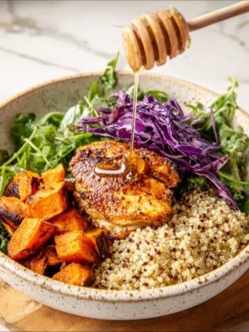 Sheet Pan Hot Honey Chicken and Veggie Glow Bowls Recipe