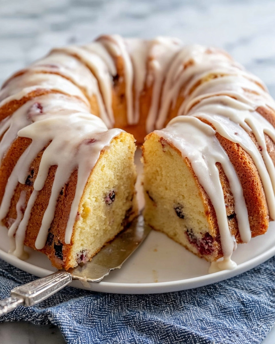 A bundt cake with a light golden brown outer layer and a soft, pale yellow inside is shown. The cake is sliced, revealing its moist texture with small dark spots, possibly berries, scattered inside. White icing is drizzled over the top in thin, uneven lines that run down the sides of the cake. The cake sits on a white plate placed on a white marbled surface, and part of a silver cake server is visible sliding under a slice of the cake. A blue and white striped cloth is partially seen under the plate photo taken with an iphone --ar 4:5 --v 7