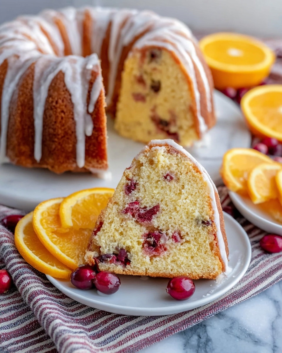 A sliced bundt cake with a light golden brown outside and drizzled white glaze on top sits on a white marble surface. The inside of the cake shows two layers: a light yellow cake layer mixed with red cranberry pieces. Two white plates each hold a slice of the cake, showing the soft texture and the mix of yellow cake and red cranberries. Around the plates and cake are orange slices with bright orange color and round red cranberries shining softly on a striped cloth. photo taken with an iphone --ar 4:5 --v 7