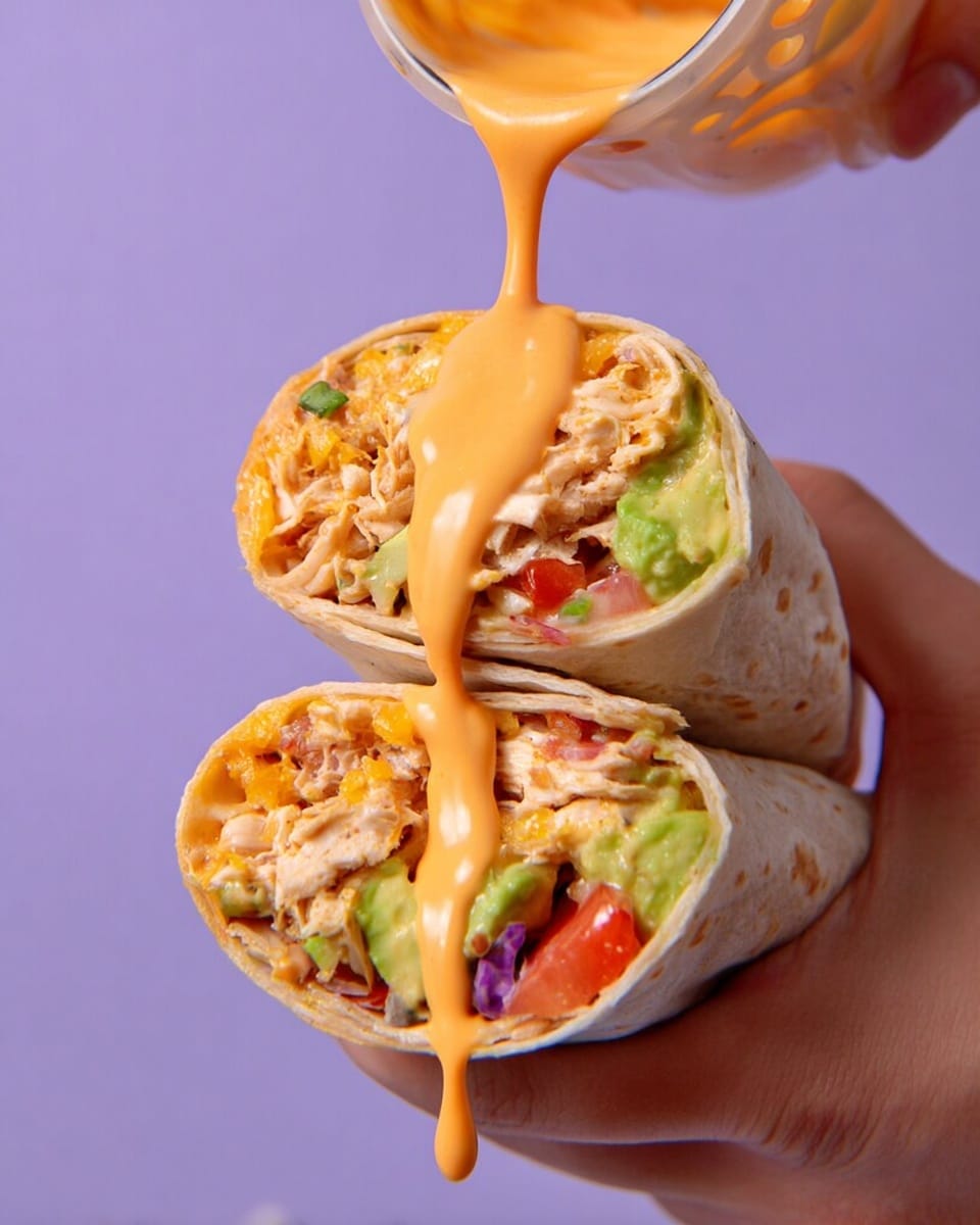 A woman's hand holds a wrap cut in half showing three layers inside: shredded light brown chicken, melted orange cheese, and a mix of green avocado and red tomato pieces with some creamy sauce. Bright orange sauce is being poured over the wrap, dripping down the front. The background is plain purple. photo taken with an iphone --ar 4:5 --v 7