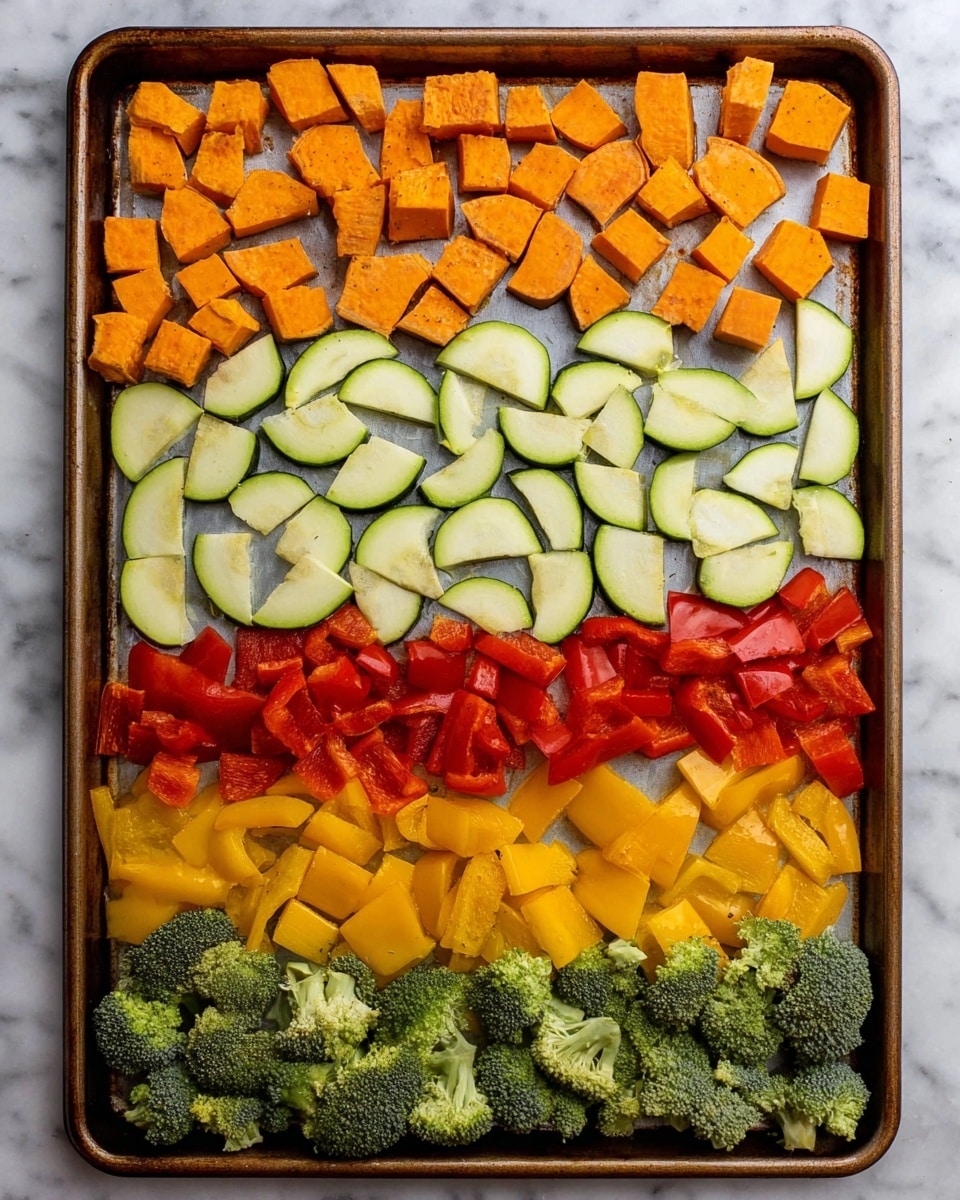 A baking tray filled with five neat horizontal layers of chopped vegetables on a white marbled surface. The top layer is bright orange cubed sweet potatoes, below that are light green half-moon shaped zucchini slices, followed by a layer of medium red chopped bell peppers. Next is a layer of yellow half-moon shaped squash slices, and at the bottom are dark green broccoli florets. Each vegetable layer is evenly spread and shows clear, fresh textures. Photo taken with an iphone --ar 4:5 --v 7