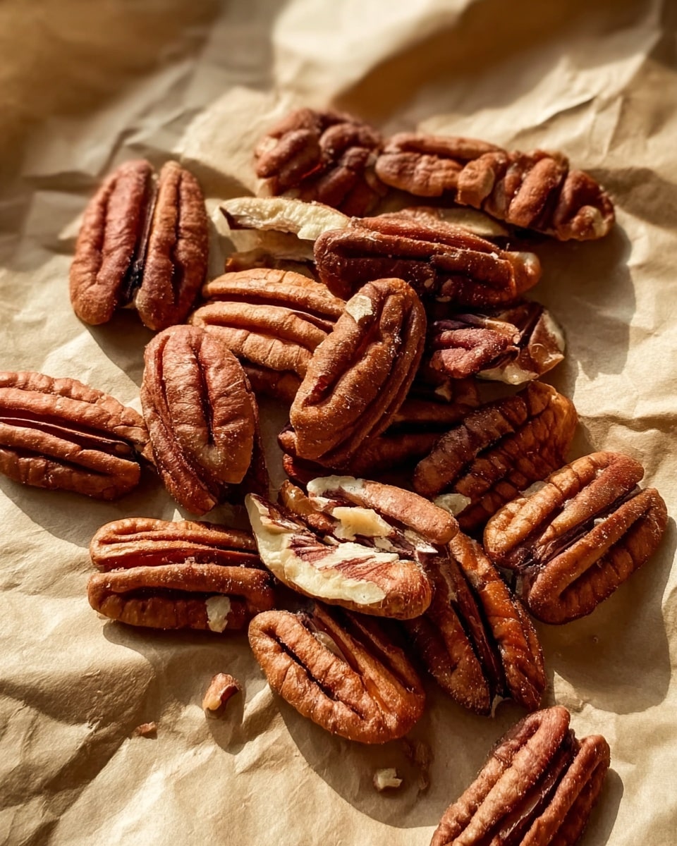 A pile of pecan nuts sits on a light brown paper sheet with a slightly crinkled texture. The pecans vary in shades of warm brown, from deep reddish-brown to lighter tan, showing their grooved and wrinkled surfaces and some broken pieces scattered around. The nuts are spread loosely in an uneven mound with some spaced a bit apart from the main pile, all placed on a white marbled background. Photo taken with an iphone --ar 4:5 --v 7