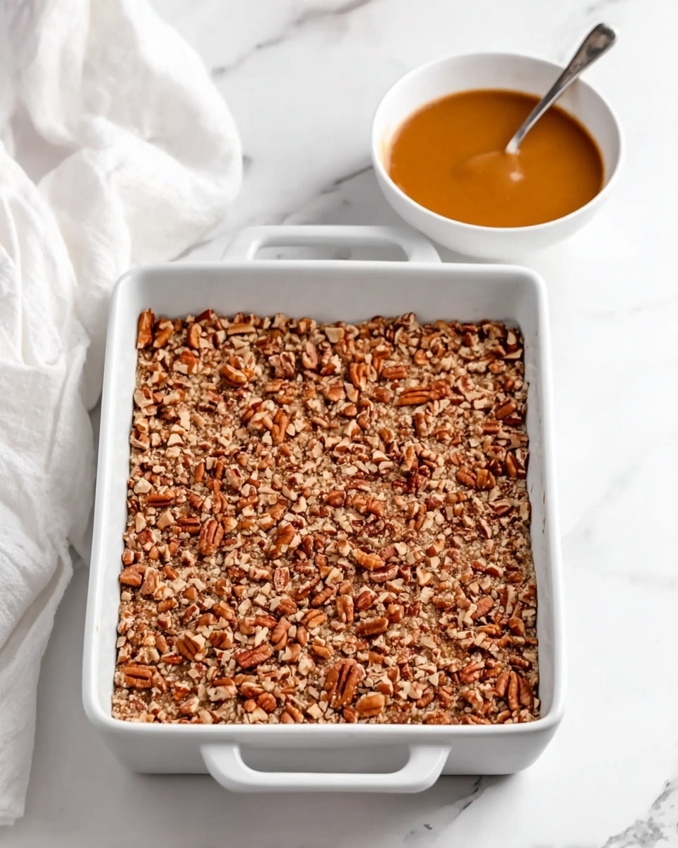 A white rectangular baking dish filled with a single layer of small, uneven pieces of chopped pecans that are brown and lightly toasted, covering the entire surface evenly. Behind the dish, a small white bowl contains a smooth, rich brown sauce with a spoon resting inside. The scene is set on a white marbled surface with soft, natural lighting. Photo taken with an iphone --ar 4:5 --v 7
