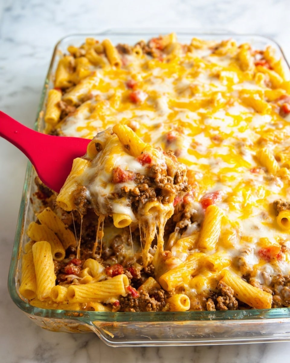 A clear glass baking dish filled with a layered pasta casserole. The bottom layer consists of rigatoni pasta in a light yellow shade. On top of the pasta is a layer of browned ground meat mixed with small bits of red tomato, creating a textured, chunky look. The top layer is melted cheese in golden yellow and creamy white colors, spread unevenly with some browned edges. A red spatula is lifting a portion, showing the pasta and meat covered with melted cheese strands. The dish is placed on a white marbled surface photo taken with an iphone --ar 4:5 --v 7