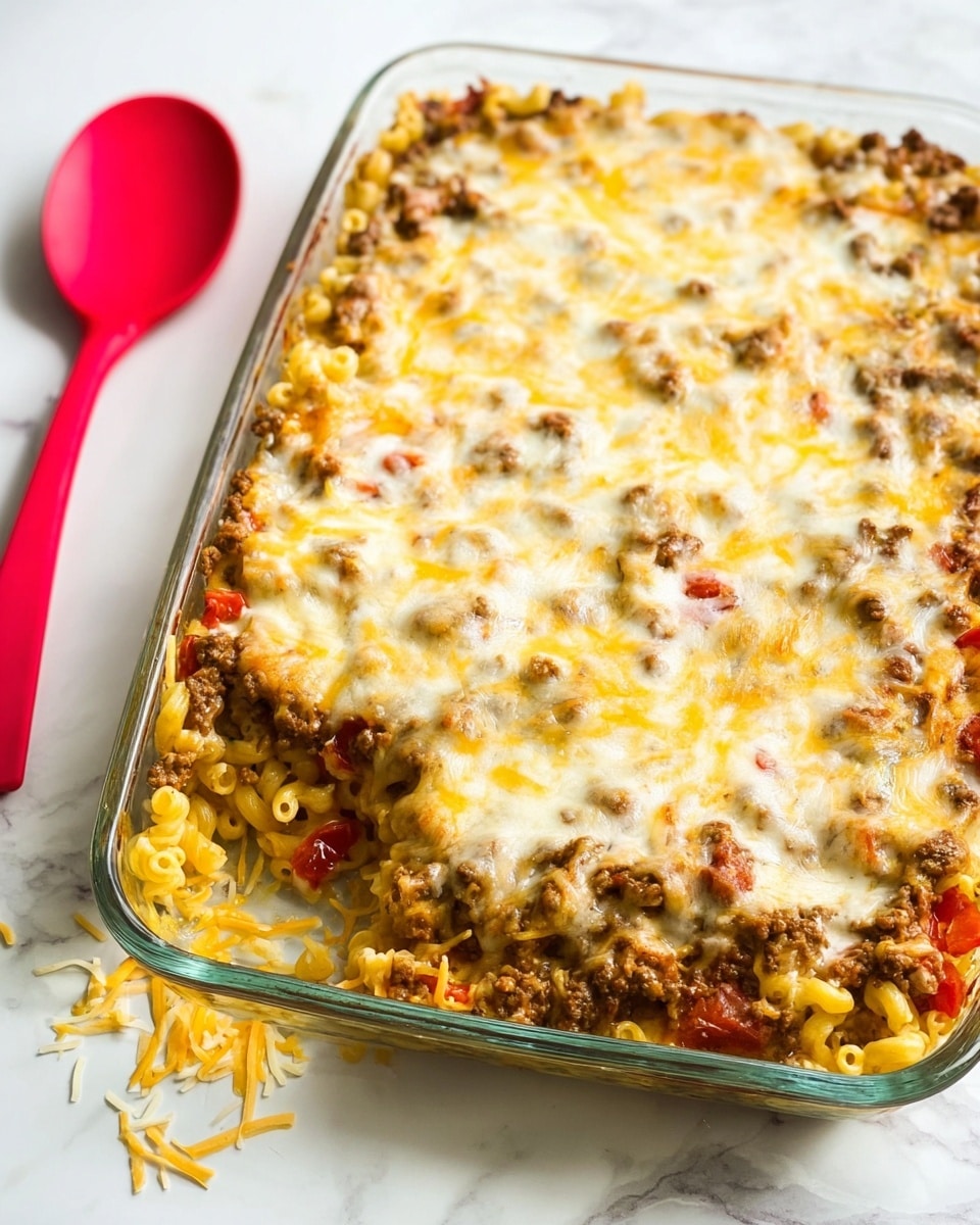 A rectangular glass dish filled with a baked layered casserole sitting on a white marbled surface, next to a red spoon. The bottom layer is made of cooked macaroni pasta with a pale yellow color, topped unevenly with browned cooked ground meat mixed with diced red tomatoes. On top of the meat layer is a melted cheese layer that is a mix of white and golden yellow, spread thickly and bubbling lightly, covering most of the dish but with some meat visible at the edges. Some shredded cheese is scattered around the dish on the marbled surface. Photo taken with an iphone --ar 4:5 --v 7