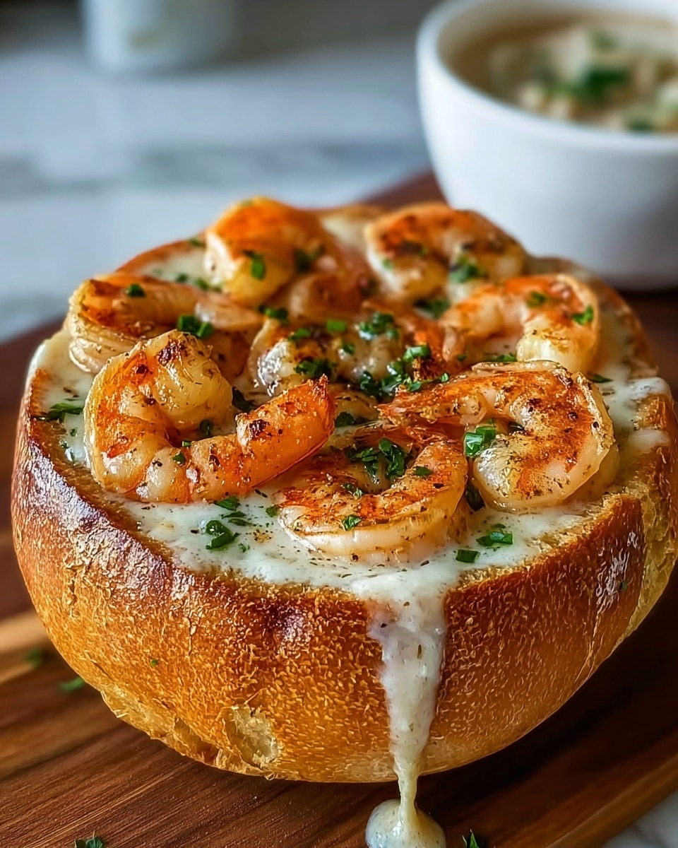 The image shows a round bread bowl with a golden-brown crust, filled with creamy white sauce topped with several pinkish-orange shrimp. The shrimp have a slight char and are spread evenly on top, sprinkled with small green herb pieces. The sauce slightly melts and drips over the edge of the bread bowl. The dish is placed on a wooden surface with a blurred white bowl in the background on a white marbled texture. photo taken with an iphone --ar 4:5 --v 7