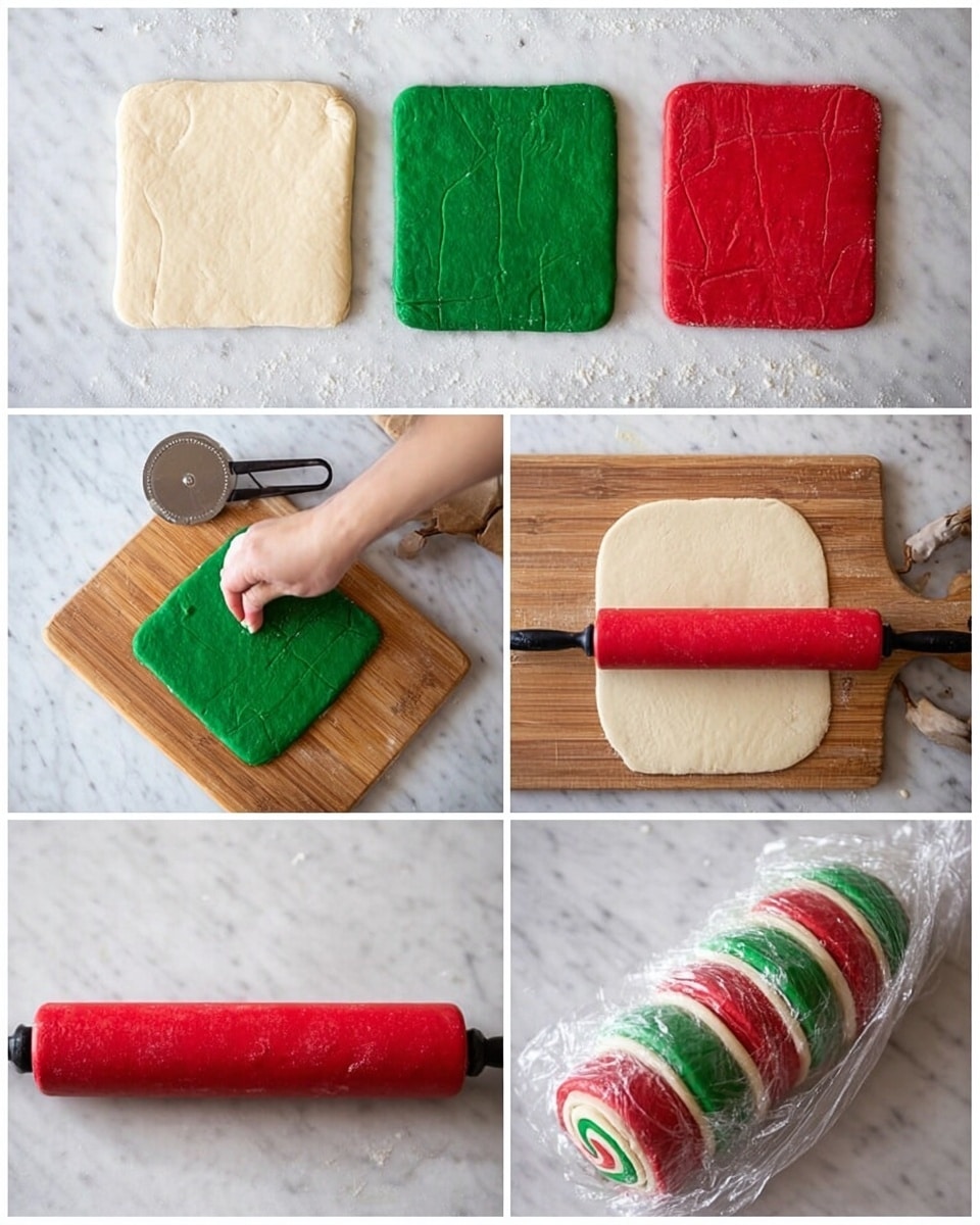 The image shows a step-by-step process of making layered dough rolls using three sheets of dough in cream, green, and red colors. The first row displays three square dough layers side by side on a white marbled surface: a cream dough, a green dough, and a red dough all with slightly rounded corners and a textured surface. The middle row shows a woman’s hand rolling the red dough flat with a rolling pin on the white marbled surface, then a green dough square is placed on a wooden cutting board with a pizza cutter nearby. The bottom row displays the red dough being rolled on top of the green dough and then the cream dough being rolled on the green and red dough, all on the wooden surface. On the right side, the final rolled dough is wrapped in clear plastic wrap and sliced into even circular pieces, showing layers of cream, green, and red dough inside each slice. photo taken with an iphone --ar 4:5 --v 7