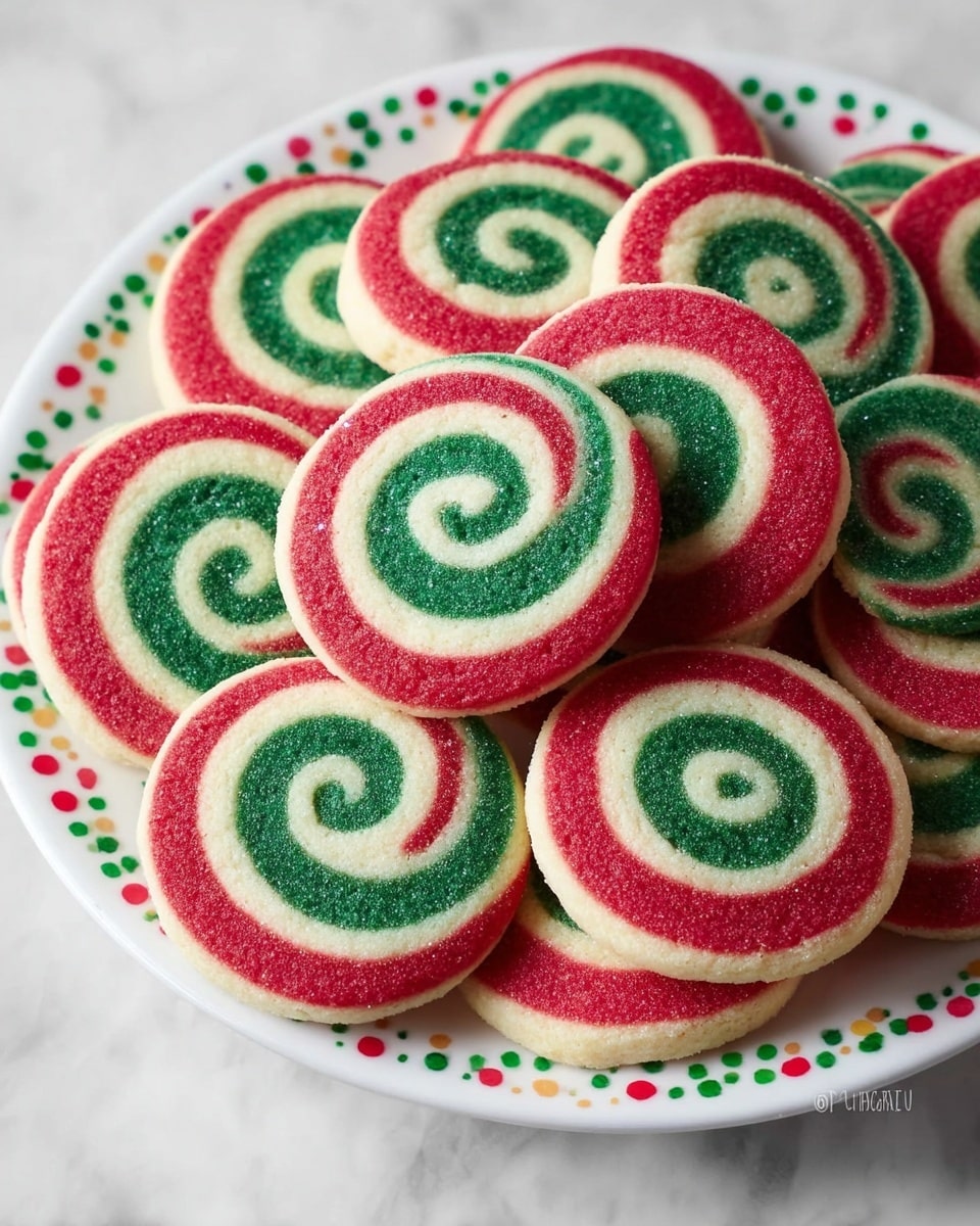 A white plate with colorful red, green, and yellow small dots is filled with round swirl cookies. Each cookie has three colors, starting from the center with a dark green swirl, followed by a thin white swirl, and an outer red swirl. The cookies are stacked closely, showing their spiral pattern clearly. The plate is on a white marbled surface. photo taken with an iphone --ar 4:5 --v 7
