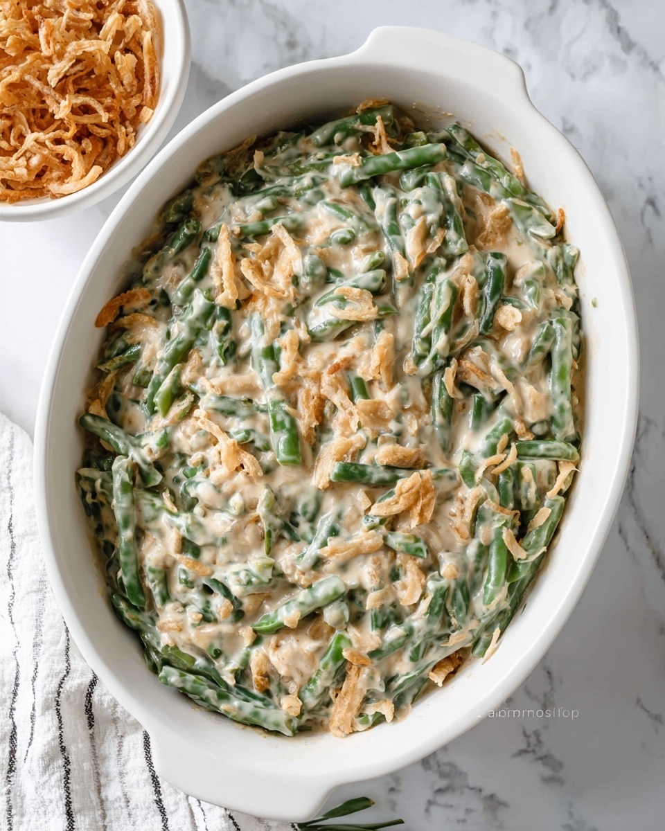 This image shows a white oval dish filled with a creamy green bean casserole. The casserole has two main layers visible: chopped green beans in a soft green color mixed evenly throughout, and a thick creamy sauce that is light beige with a smooth texture coating the green beans. The casserole looks rich and dense, filling the dish completely without topping. Next to it, there is a small white bowl with golden brown crispy fried onions visible. The background is a white marbled surface with a white and grey striped cloth partially seen to the left. photo taken with an iphone --ar 4:5 --v 7