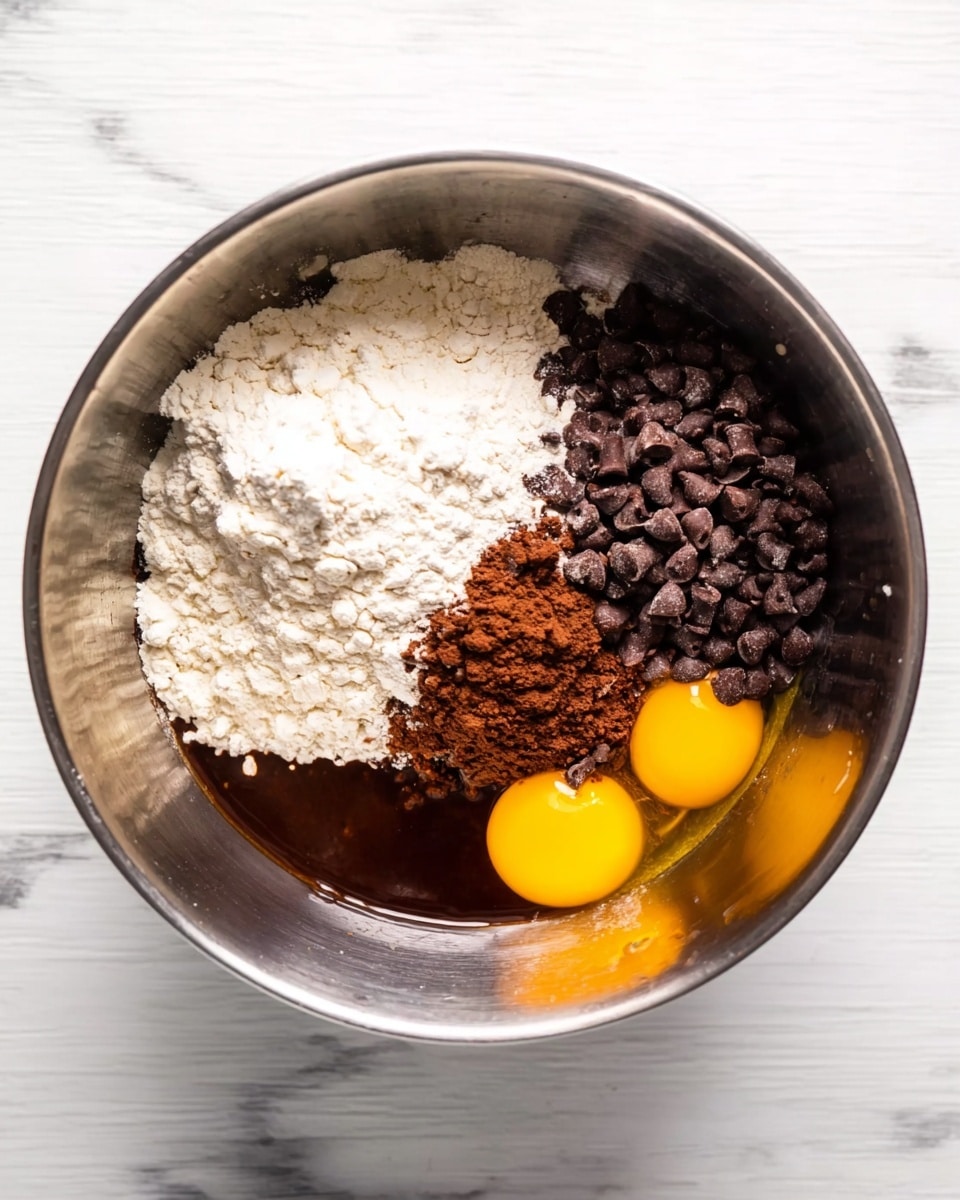 The image shows a metal bowl filled with separate layers of ingredients ready for mixing. On the left is a mound of white flour, next to it on the right is a large pile of small dark brown chocolate chips. Below the flour and chips, there are two bright yellow raw eggs with visible yolks and whites. Near the eggs, there is a dark brown liquid, possibly chocolate or syrup. The bowl rests on a white marbled surface, and the mix appears fresh and unmixed. A small part of the handle of the bowl is visible. photo taken with an iphone --ar 4:5 --v 7