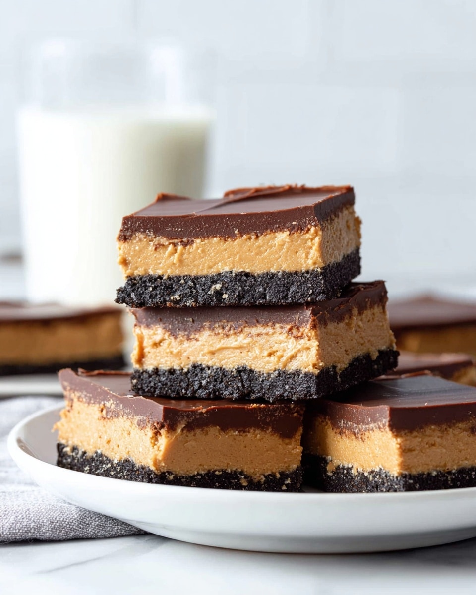 The image shows five layered dessert bars stacked on a white plate placed on a white marbled surface. Each bar has three layers: a dark crumbly base layer, a thick middle layer of light brown peanut butter-like filling with a creamy texture, and a smooth, glossy dark chocolate top layer. The bars are cut into rectangles, showing clean edges and distinct layer separation. In the background, there is a glass of milk that is slightly out of focus, adding a sense of freshness to the scene. Photo taken with an iphone --ar 4:5 --v 7