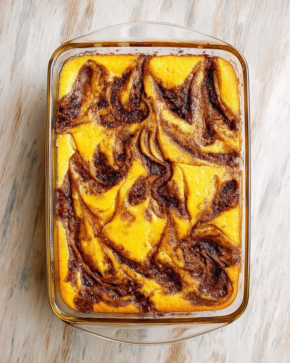 A baked dessert in a clear glass rectangular dish with a bright yellow base layer that looks soft and creamy, topped with swirls of dark brown cinnamon-like mixture spread unevenly across the surface, creating a marbled pattern with irregular shapes and rough textures. The edges of the dish show thicker, caramelized dark brown bits, adding a slightly crispy look to the otherwise smooth and soft top. The dish sits on a white marbled surface with subtle gray veins visible. photo taken with an iphone --ar 4:5 --v 7