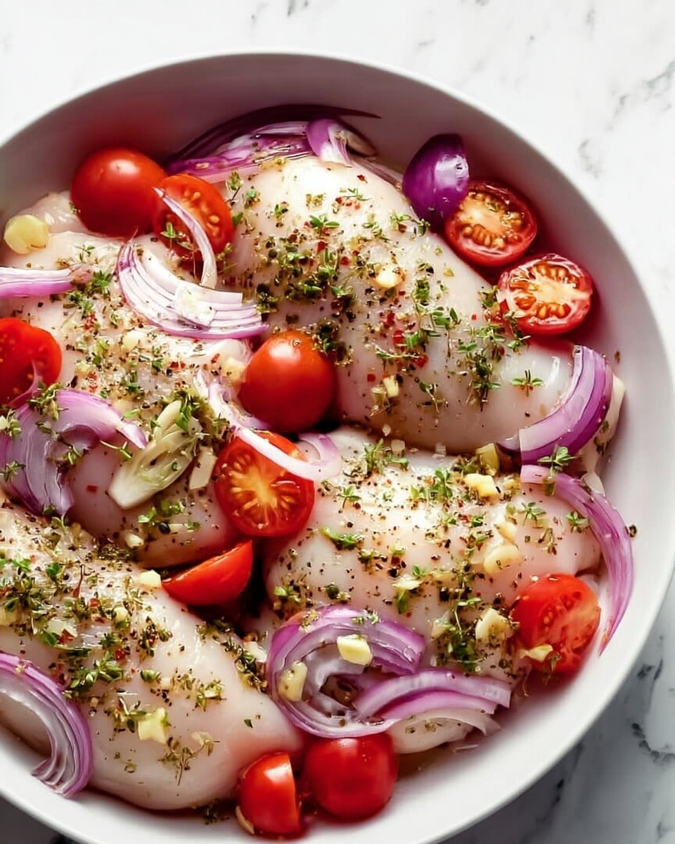 The image shows three raw chicken pieces placed in a white bowl with a white marbled surface underneath. The chicken pieces are topped with dried green herbs and small bits of garlic. Around the chicken, there are slices of bright red cherry tomatoes and rings of purple onion. Small green herb leaves are scattered on top, adding color contrast to the chicken and vegetables. The texture on the chicken is smooth and slightly shiny, while the vegetables add a fresh and crisp look. photo taken with an iphone --ar 4:5 --v 7